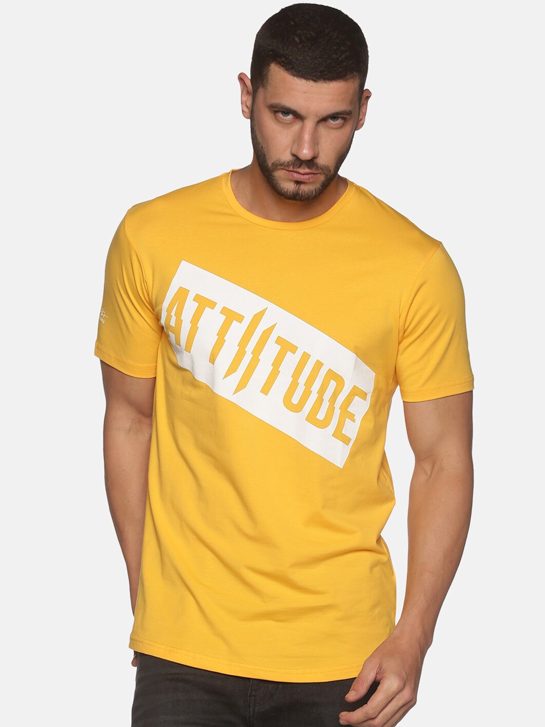 

ATTIITUDE Men Mustard Yellow Brand Logo Printed Winter Dry-Fit Cotton Slim Fit T-shirt