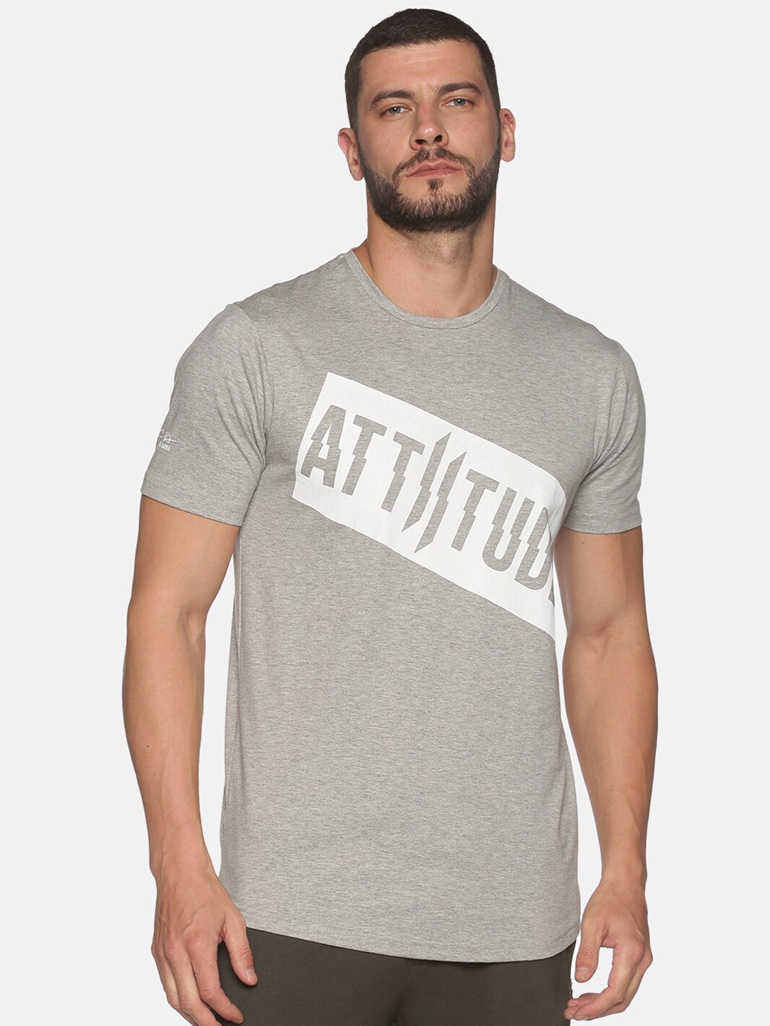 

ATTIITUDE Men Grey Melange Brand Logo Printed Dry Fit Cotton Slim Fit T-shirt