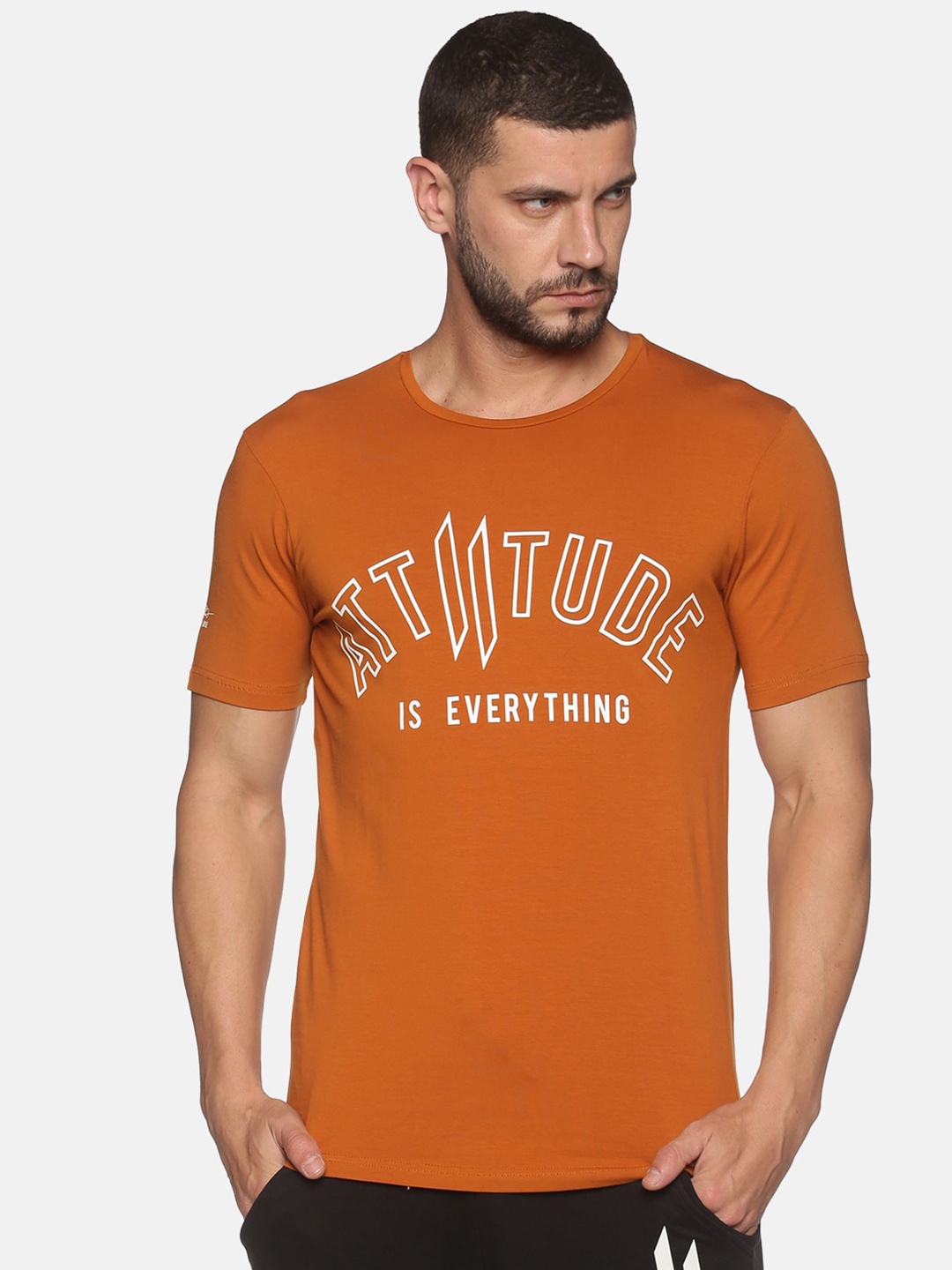 

ATTIITUDE Men Tan Typography Printed Applique Regular Fit Cotton Slim Fit T-shirt