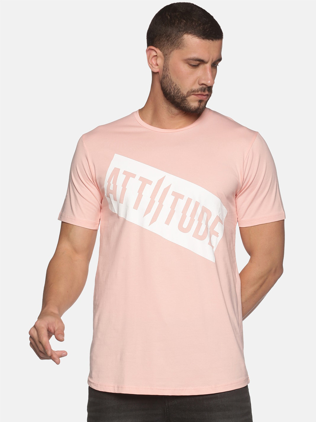 

ATTIITUDE Men Peach-Coloured Typography Printed Regular Fit Cotton Slim Fit T-shirt