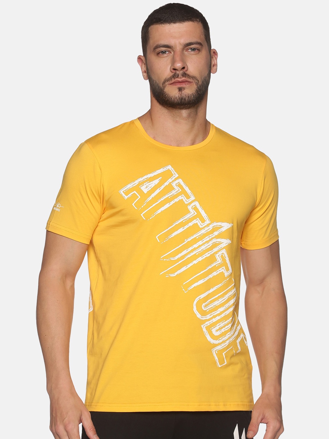 

ATTIITUDE Men Mustard Yellow Brand Logo Printed Cotton Slim Fit T-shirt