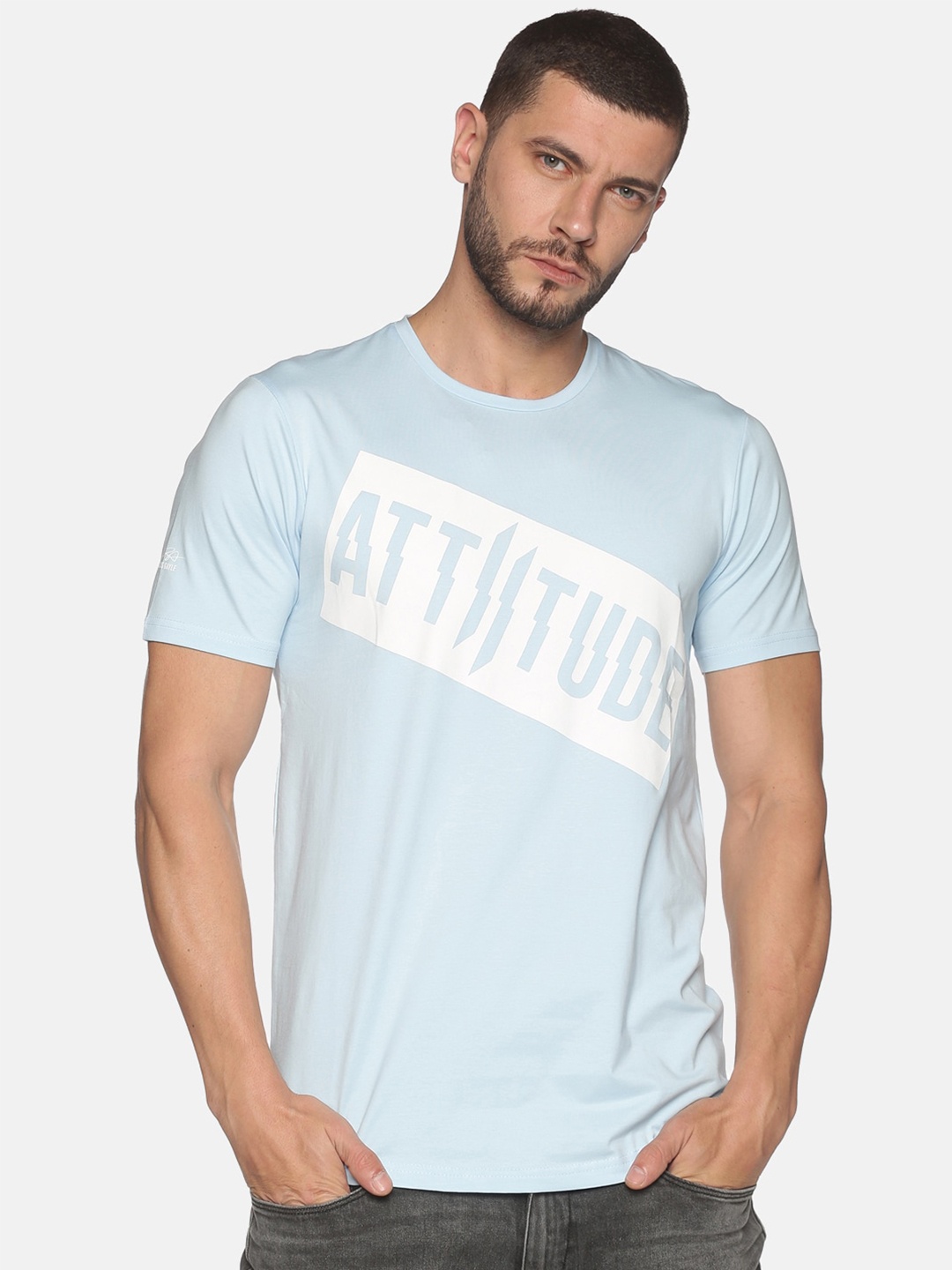 

ATTIITUDE Men Blue Typography Printed Applique Cotton Slim Fit T-shirt