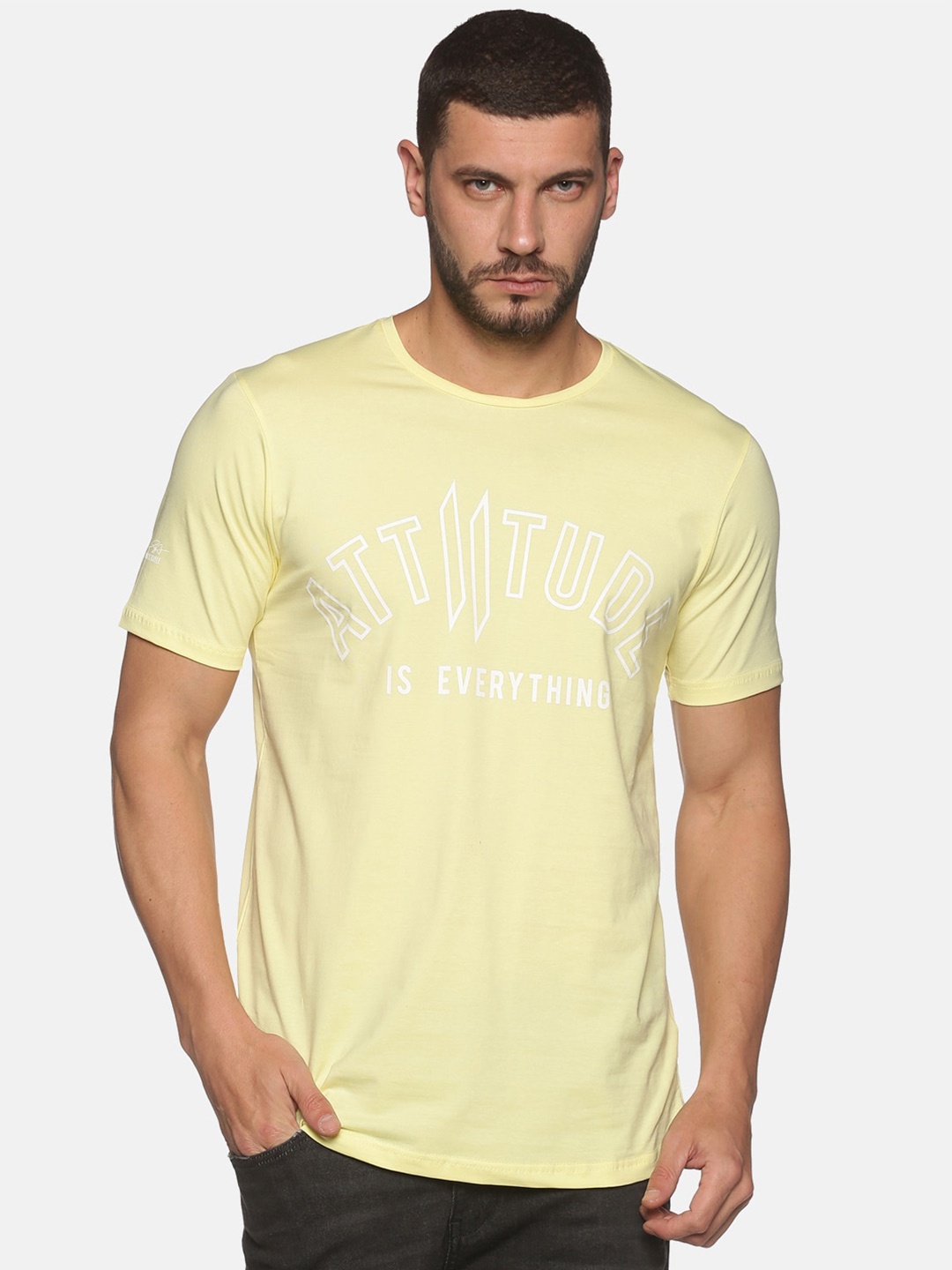 

ATTIITUDE Men Yellow Typography Printed Cotton Slim Fit T-shirt