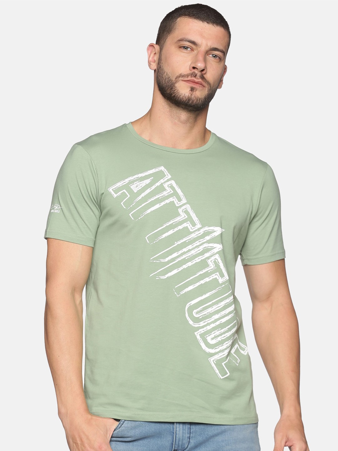 

ATTIITUDE Men Olive Green Typography Printed Regular Fit Cotton Slim Fit T-shirt