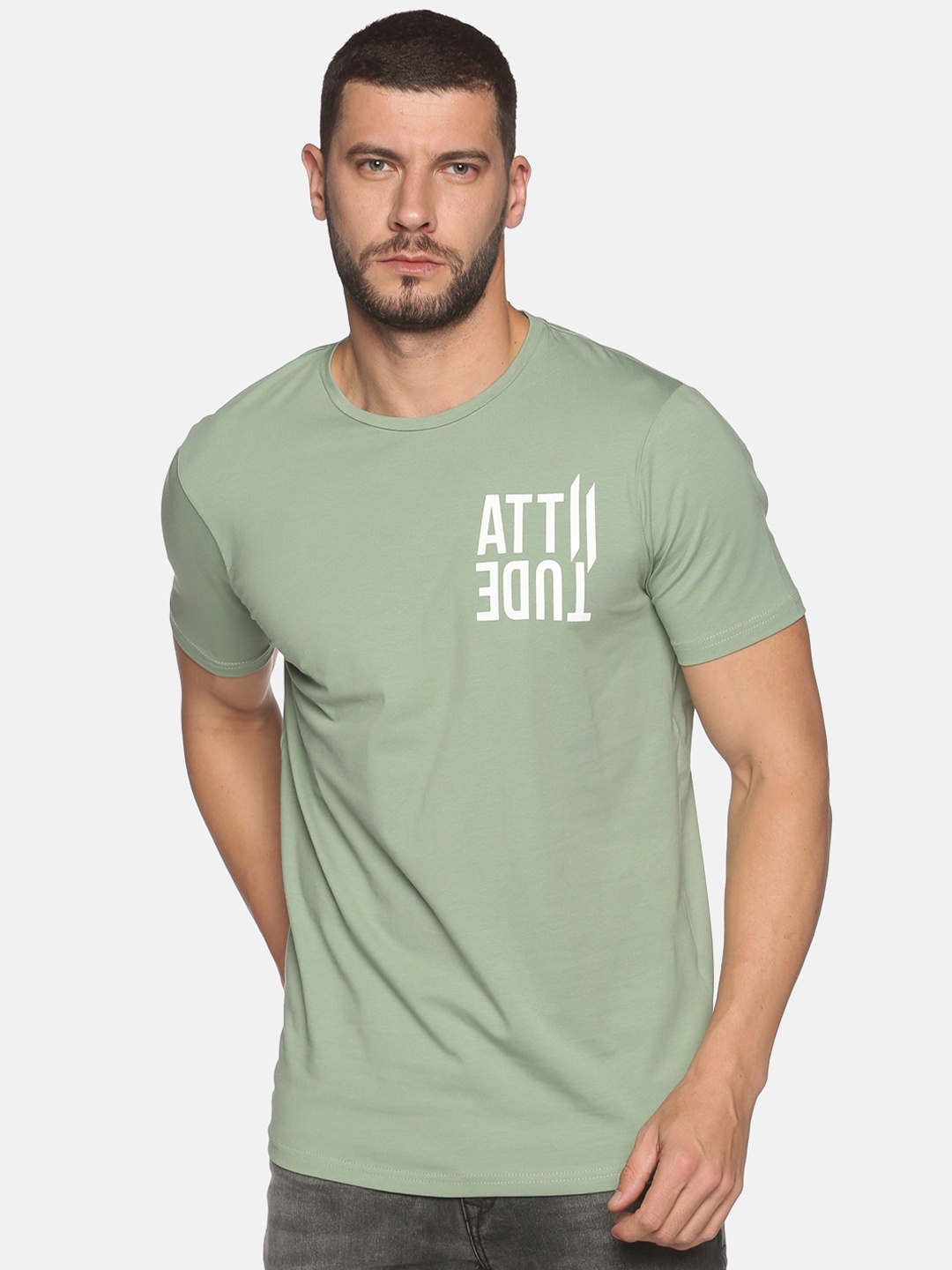 

ATTIITUDE Men Olive Green Brand Logo Printed Dry Fit Cotton Slim Fit T-shirt