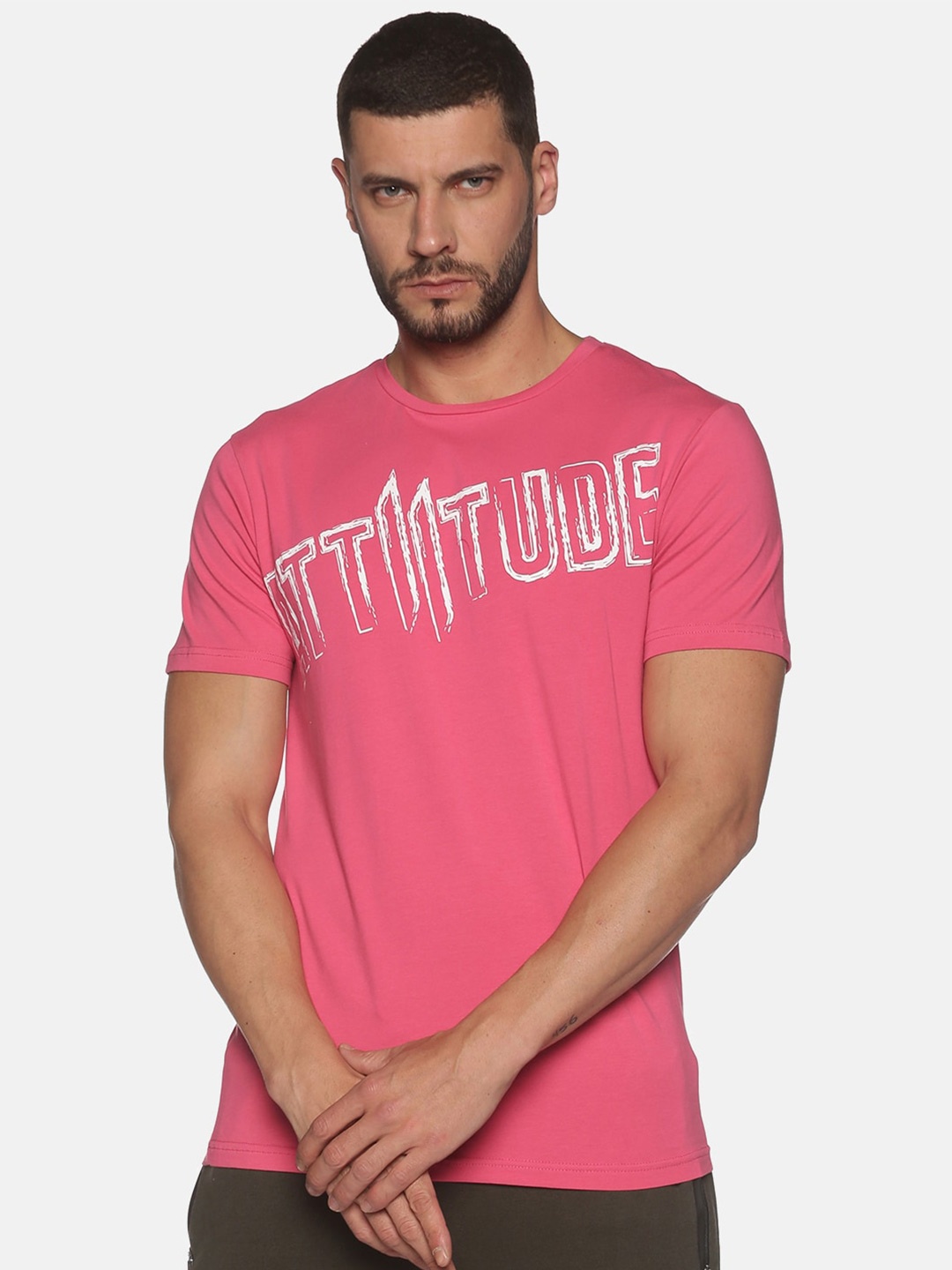 

ATTIITUDE Men Pink Typography Printed Applique Regular Fit Cotton Slim Fit T-shirt