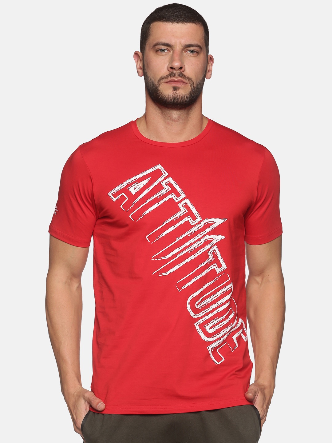 

ATTIITUDE Men Red Printed Raw Edge Cotton Slim Fit T-shirt