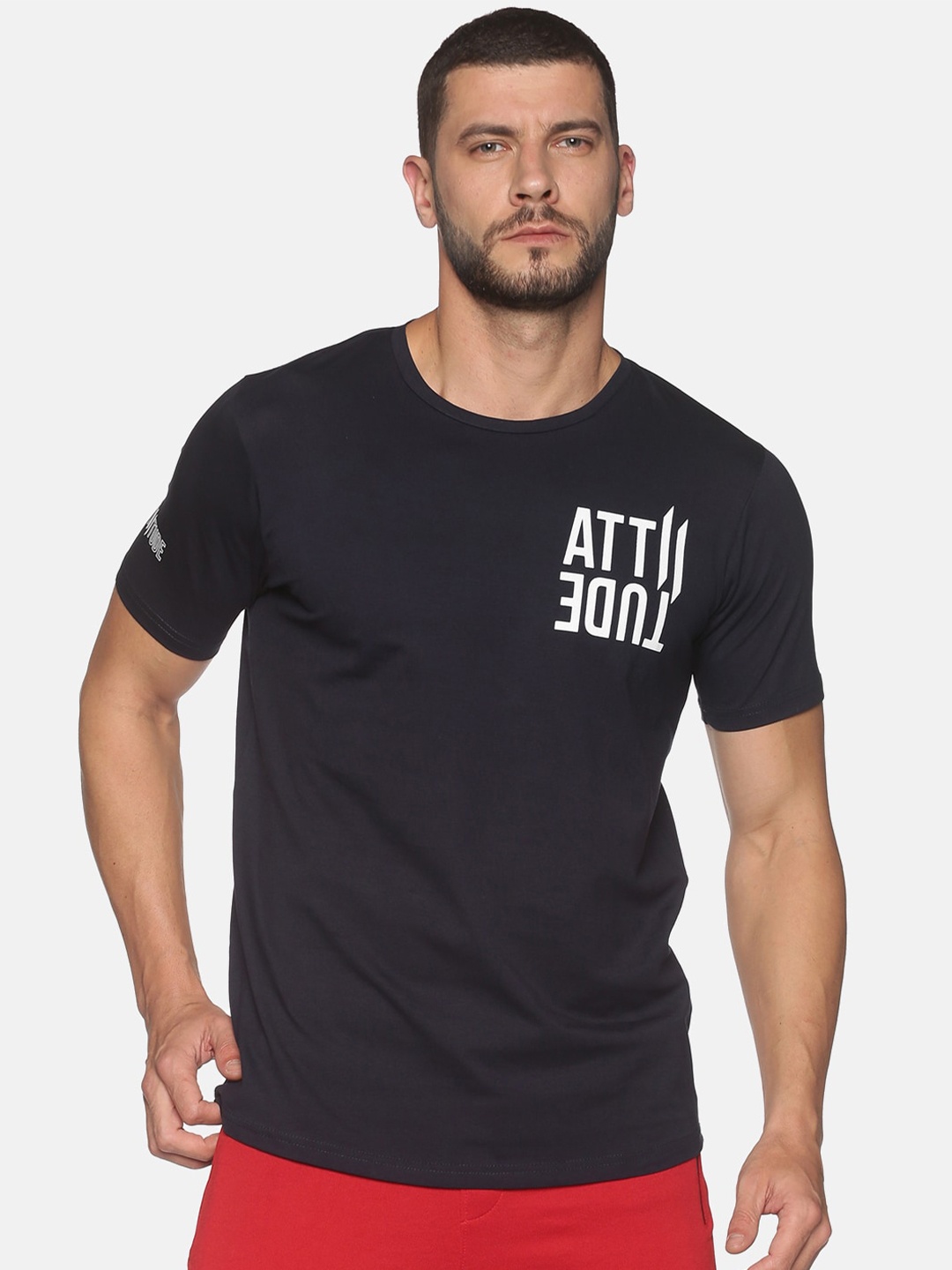 

ATTIITUDE Men Navy Blue Typography Printed Cotton Slim Fit T-shirt