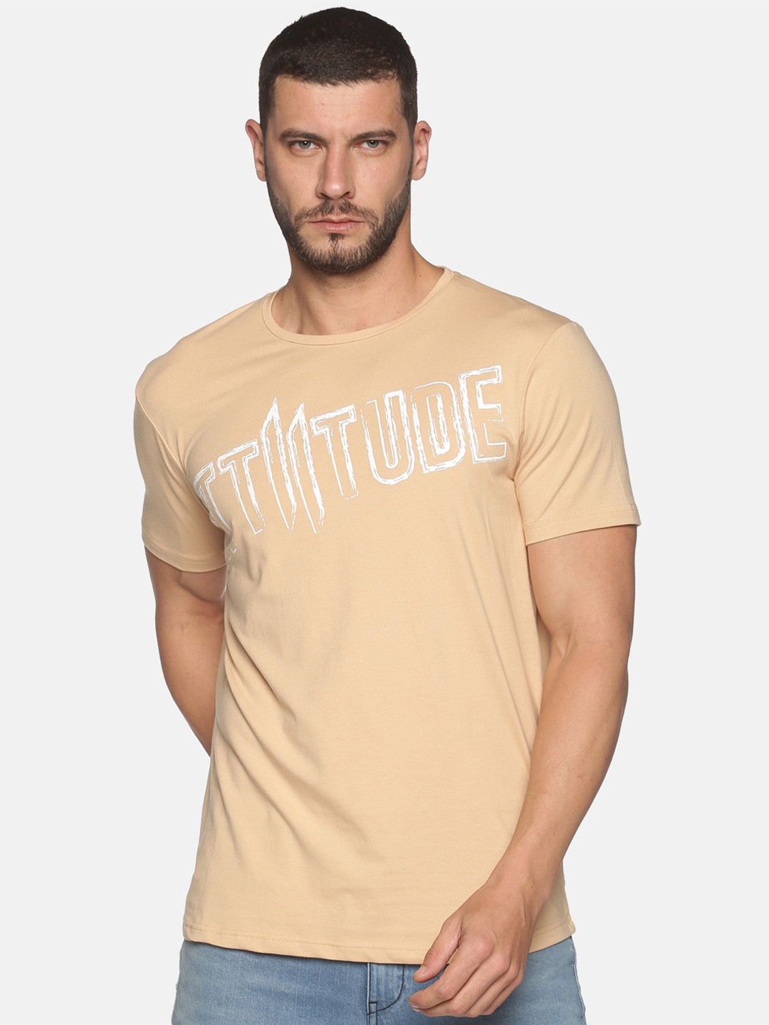 

ATTIITUDE Men Orange Typography Printed Regular Fit Cotton Slim Fit T-shirt