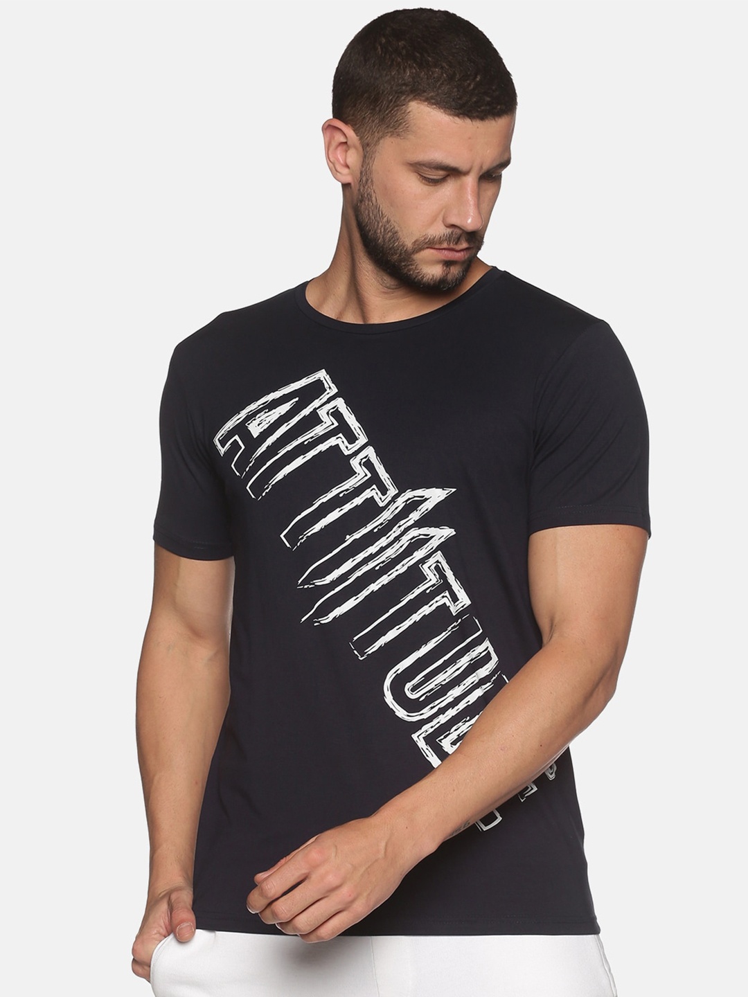 

ATTIITUDE Men Navy Blue Typography Printed Regular Fit Cotton Slim Fit T-shirt