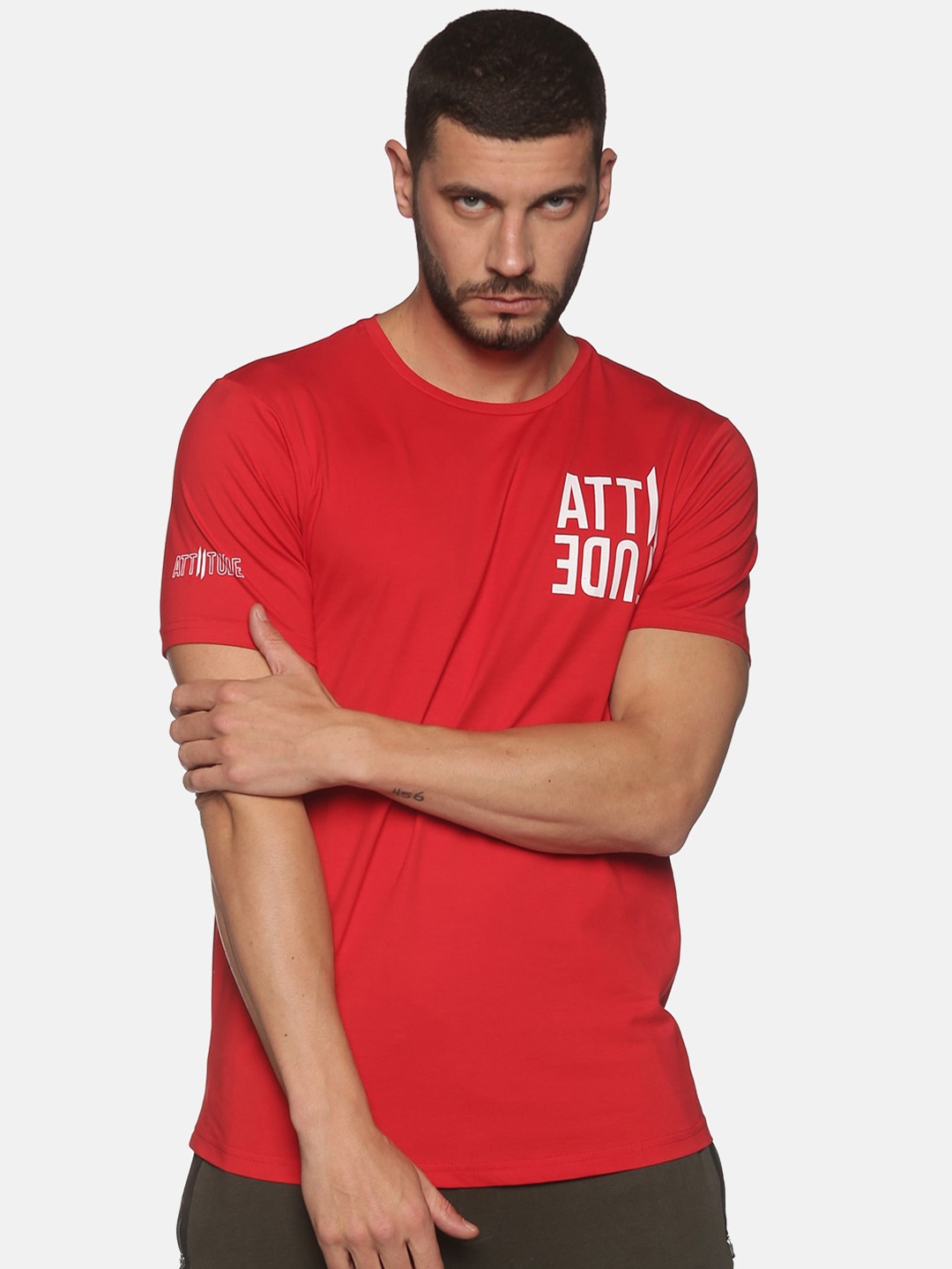 

ATTIITUDE Men Red Typography Printed Applique Cotton Slim Fit T-shirt