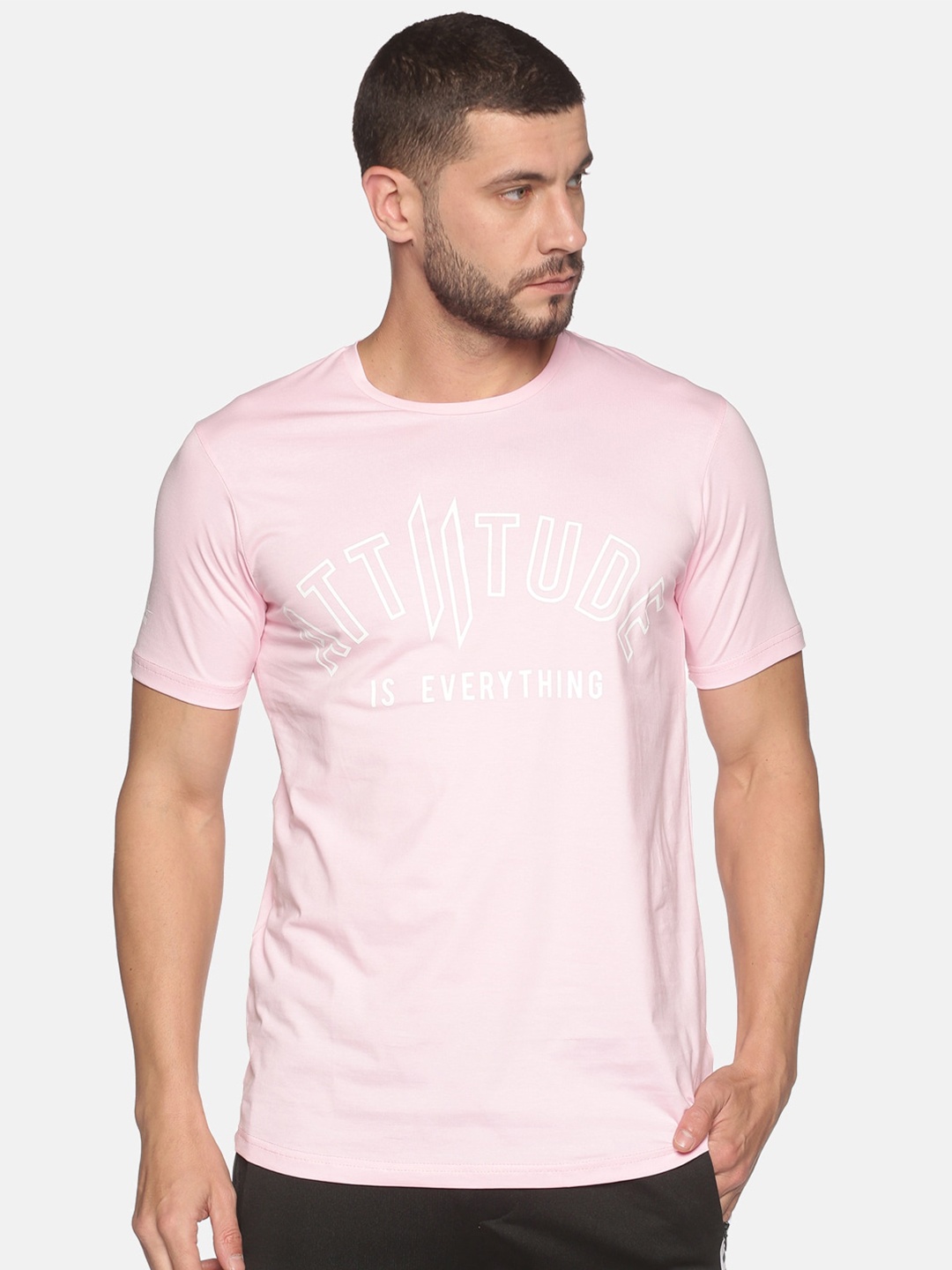 

ATTIITUDE Men Pink Brand Logo Cotton Slim Fit T-shirt