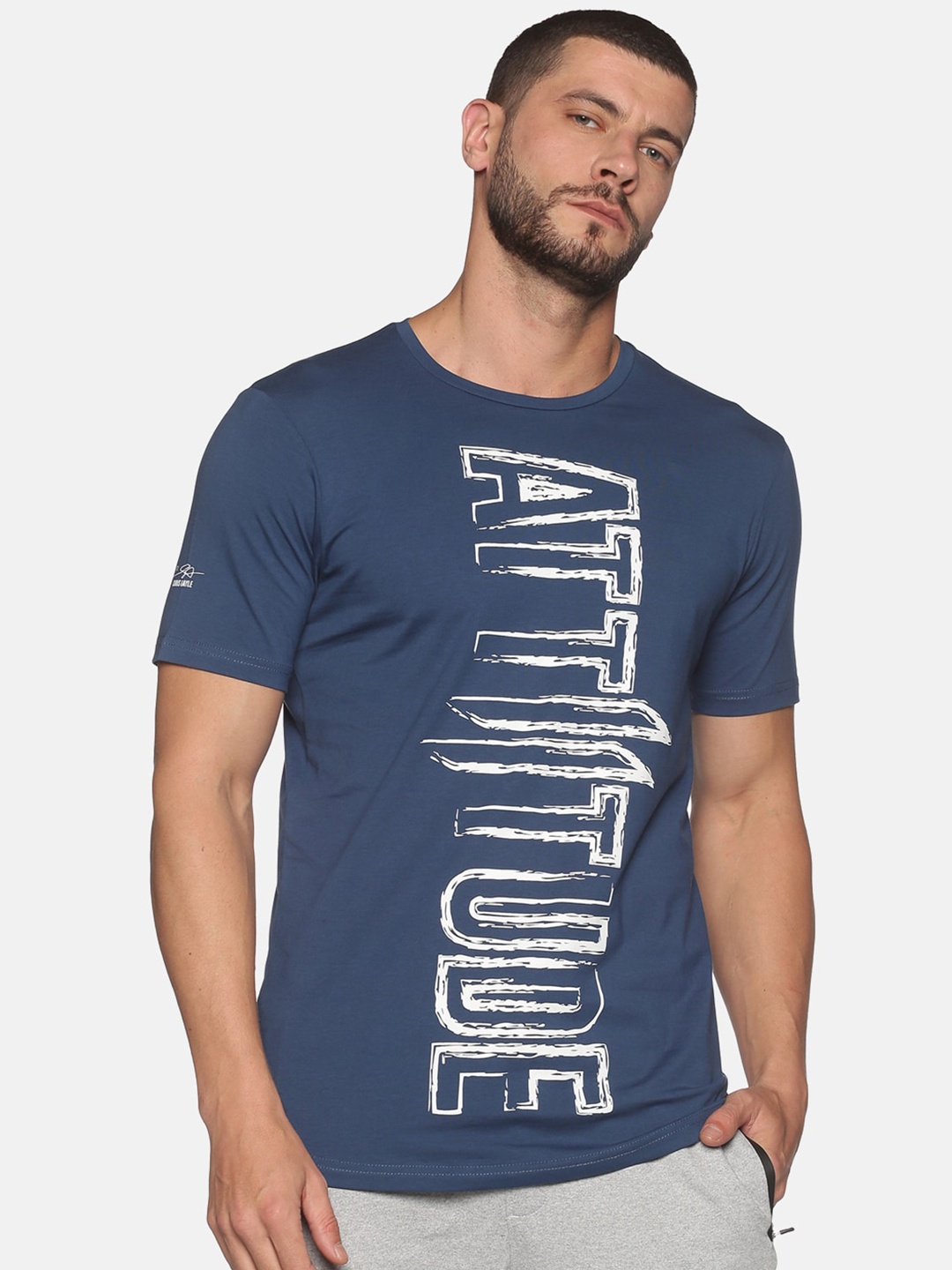 

ATTIITUDE Men Navy Blue Printed Cotton Slim Fit T-shirt