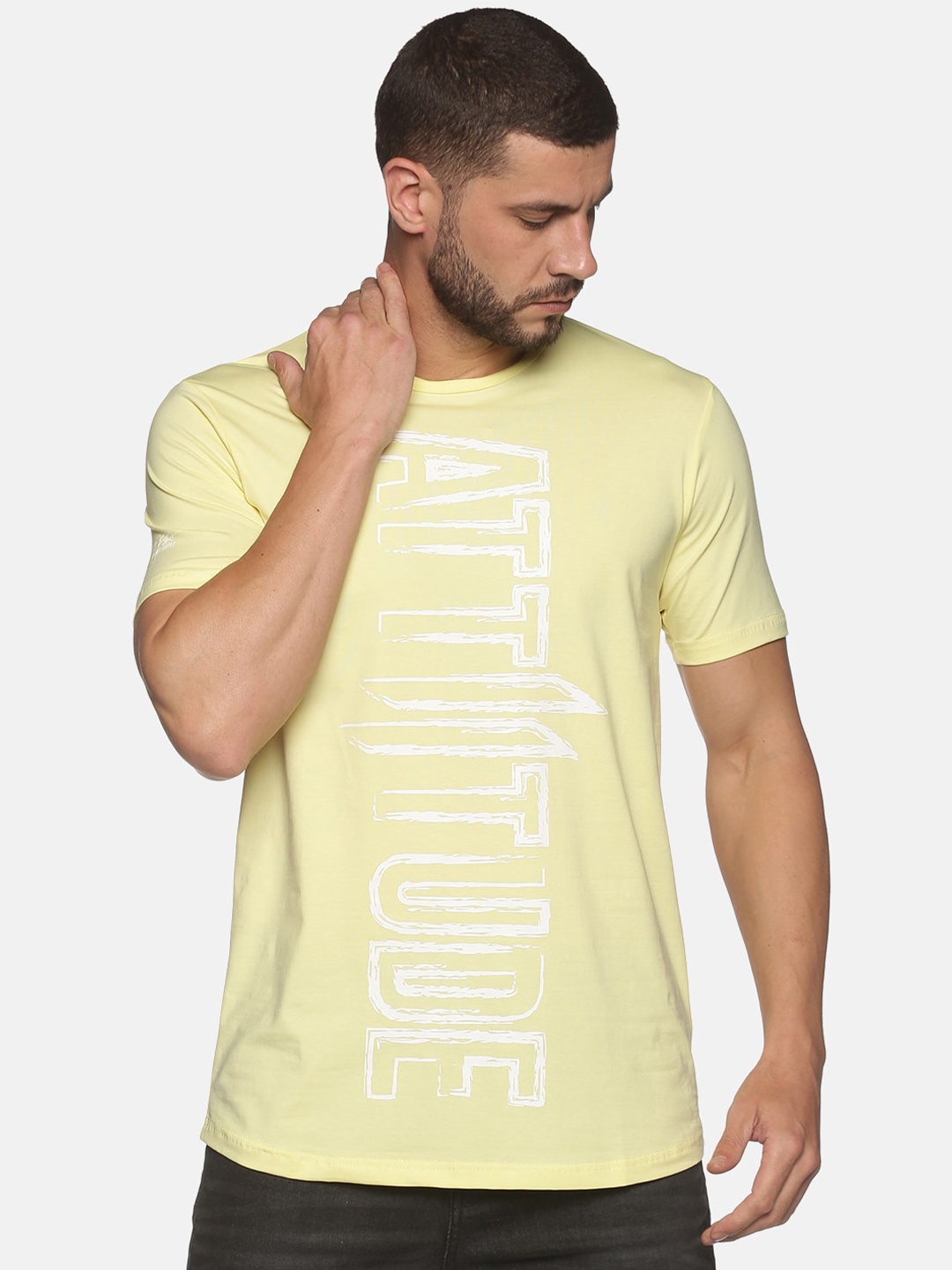 

ATTIITUDE Men Yellow Typography Printed Regular Fit Cotton Slim Fit T-shirt