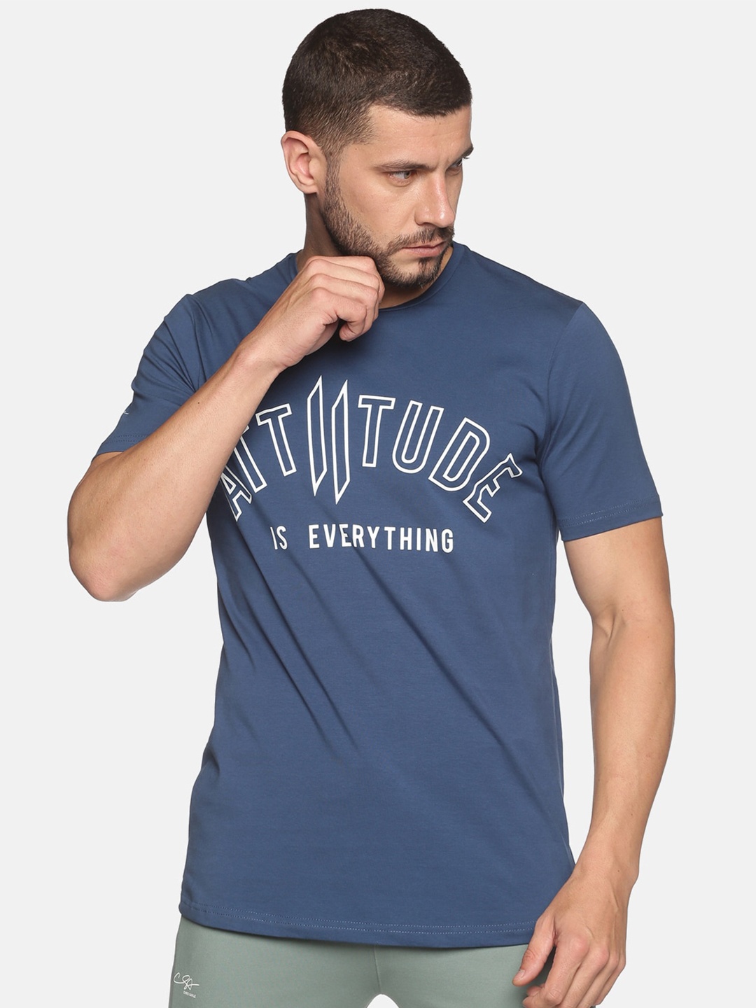 

ATTIITUDE Men Navy Blue Typography Printed Regular Fit Cotton Slim Fit T-shirt