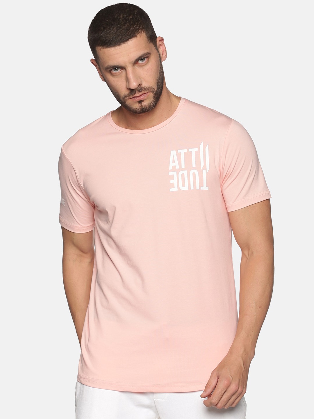 

ATTIITUDE Men Pink Typography Printed Regular Fit Cotton Slim Fit T-shirt