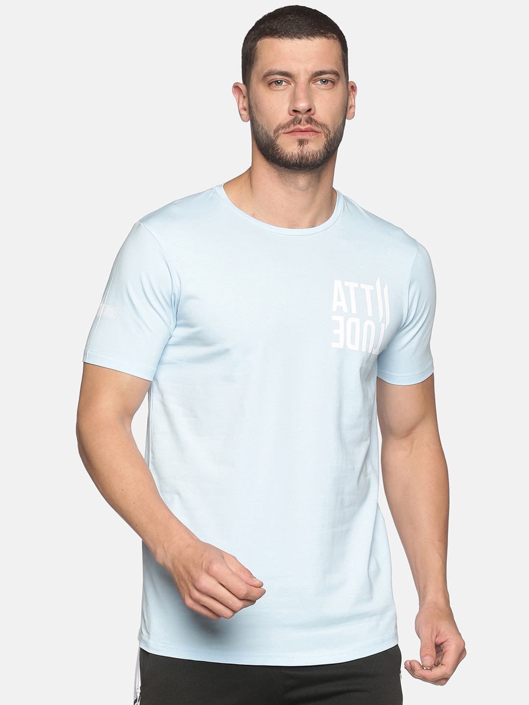 

ATTIITUDE Men Blue Brand Logo Printed Dry Fit Cotton Slim Fit T-shirt