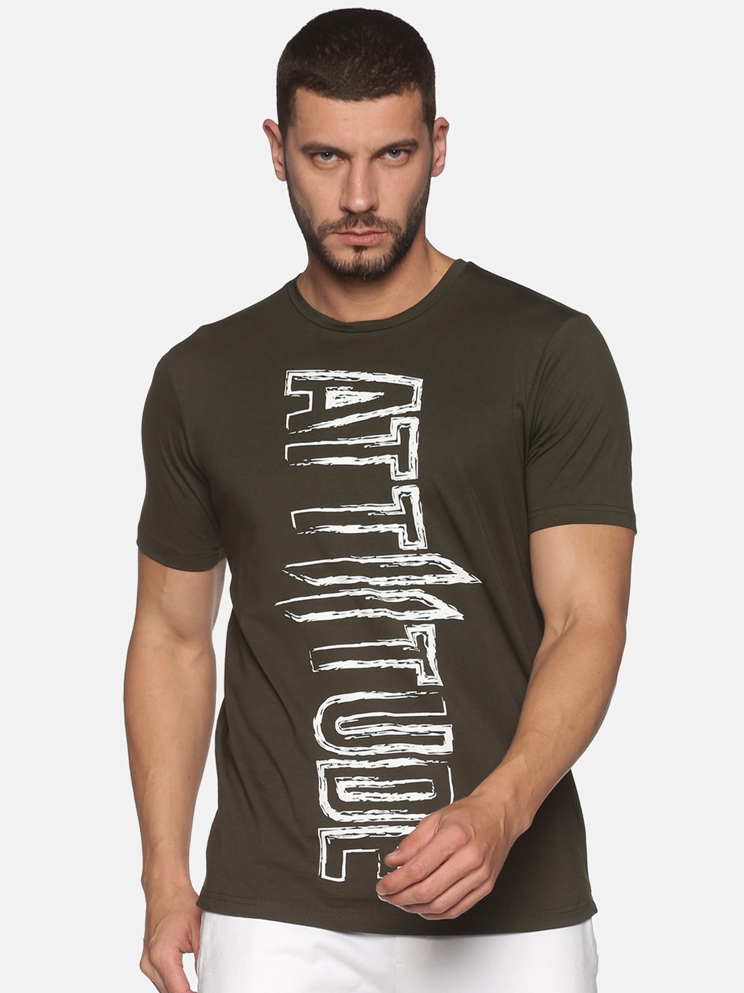 

ATTIITUDE Men Olive Green Brand Logo Printed Dry Fit Cotton Slim Fit T-shirt