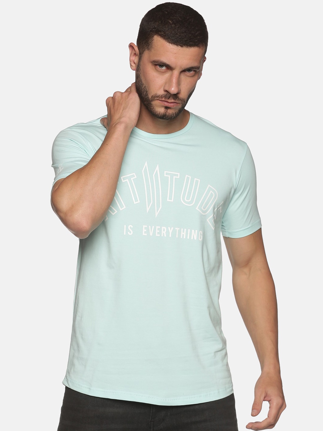 

ATTIITUDE Men Blue Brand Logo Printed Regular Fit Cotton Slim Fit T-shirt