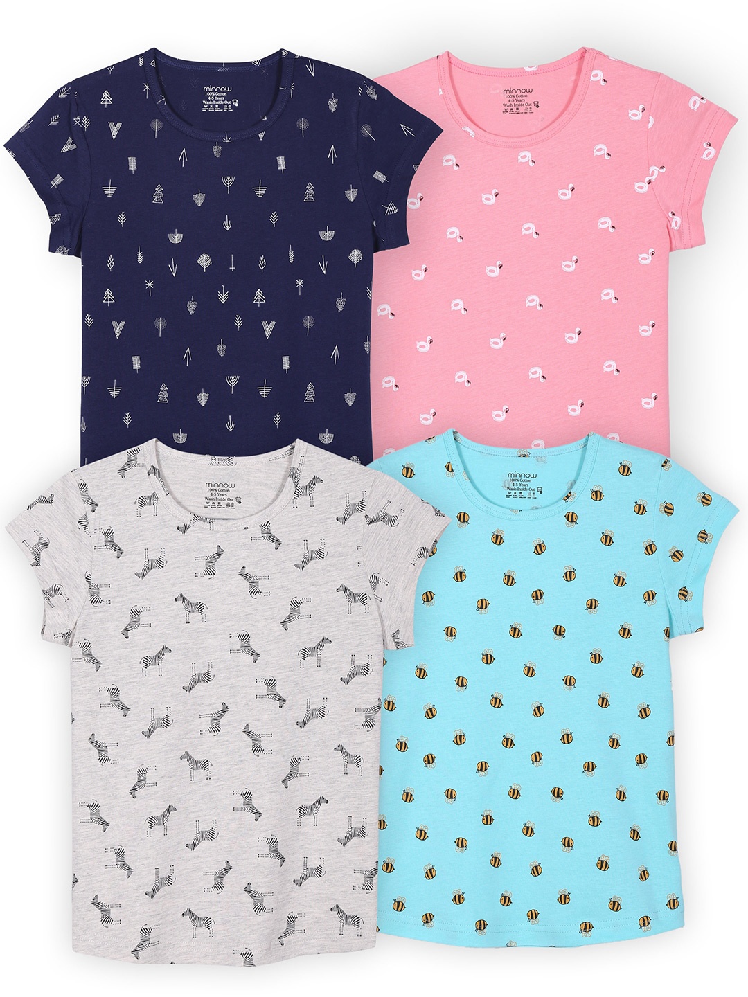 

minnow Girls Pack Of 4 Printed Pure Cotton T-shirt, Pink