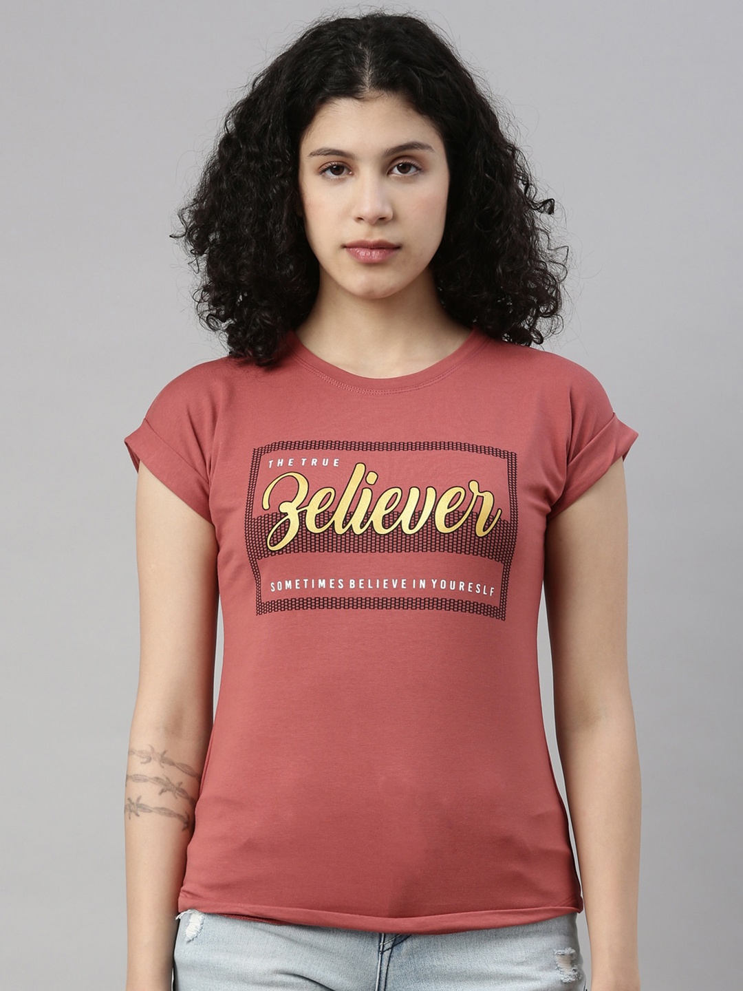 

GOLDSTROMS Women Brown & Yellow Typography Printed T-shirt