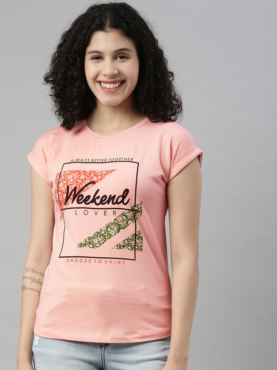 

GOLDSTROMS Women Pink Typography Printed T-shirt