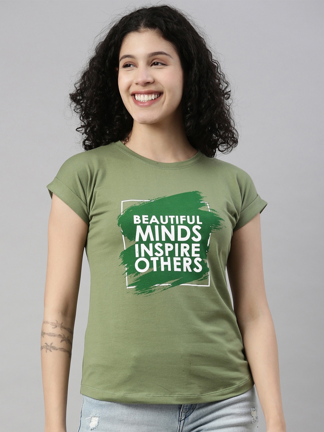 

GOLDSTROMS Women Green & White Printed Round Neck T-shirt