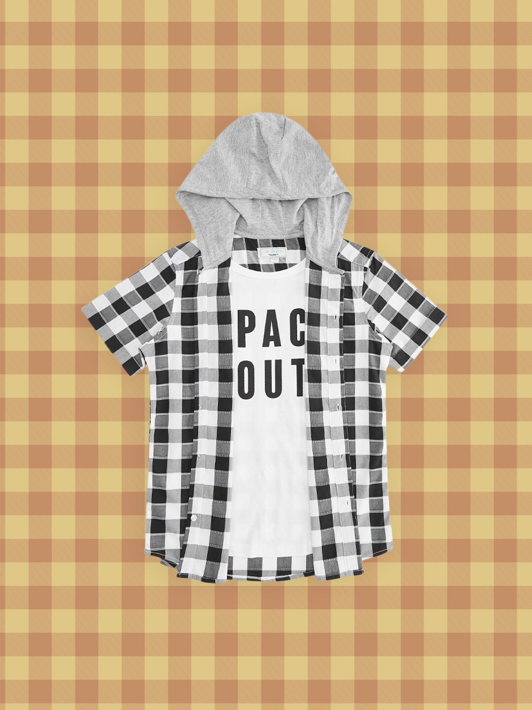 

Pantaloons Junior Boys Black Gingham Checks Hooded Pure Cotton Checked Casual Shirt