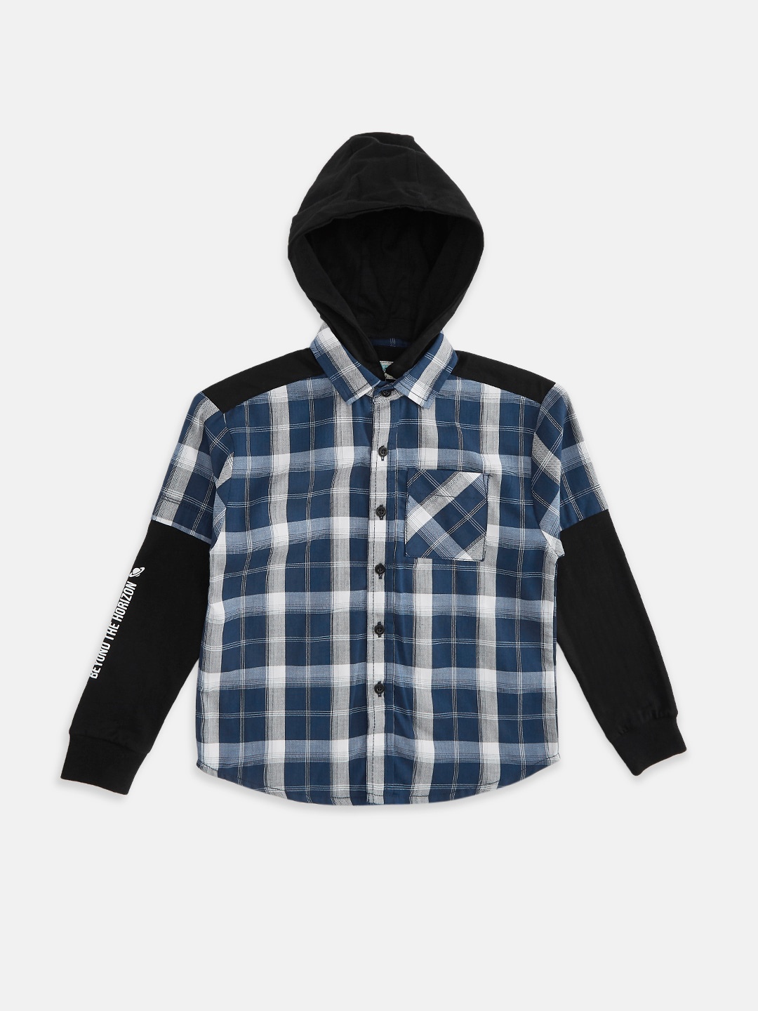 

Pantaloons Junior Boys Blue Tartan Checks Checked Hooded Pure Cotton Casual Shirt