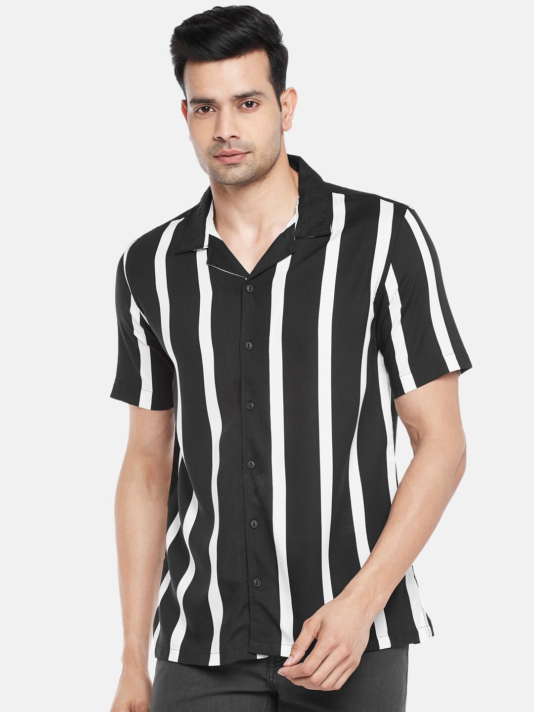 

People Men Black Striped Casual Shirt