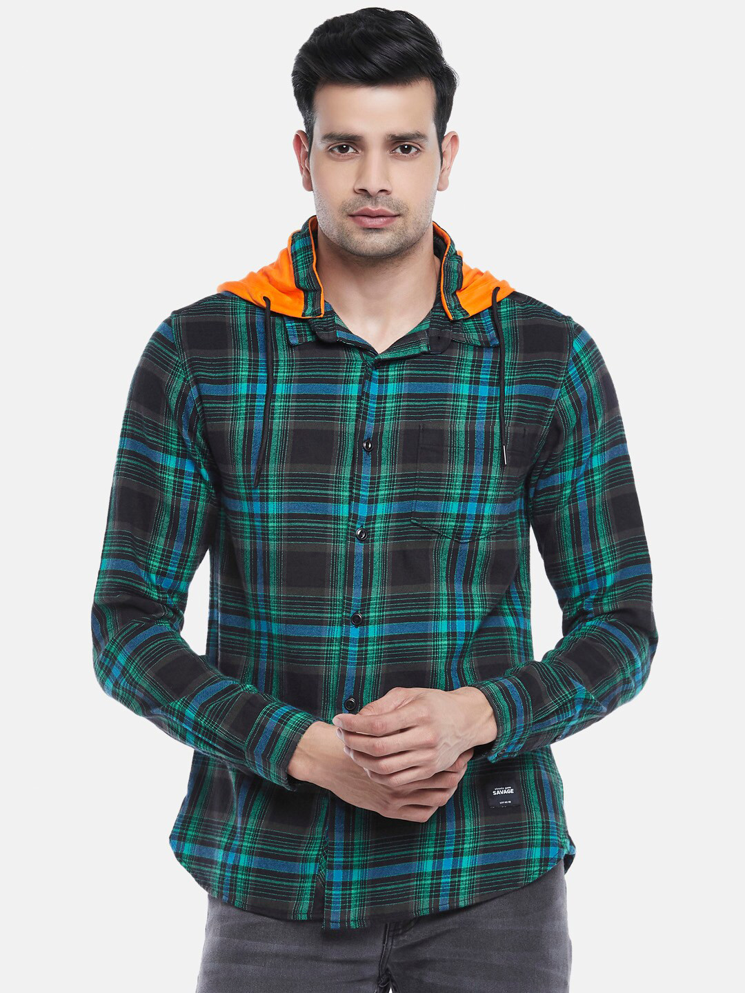 

People Men Green Slim Fit Tartan Checked Hooded Pure Cotton Casual Shirt