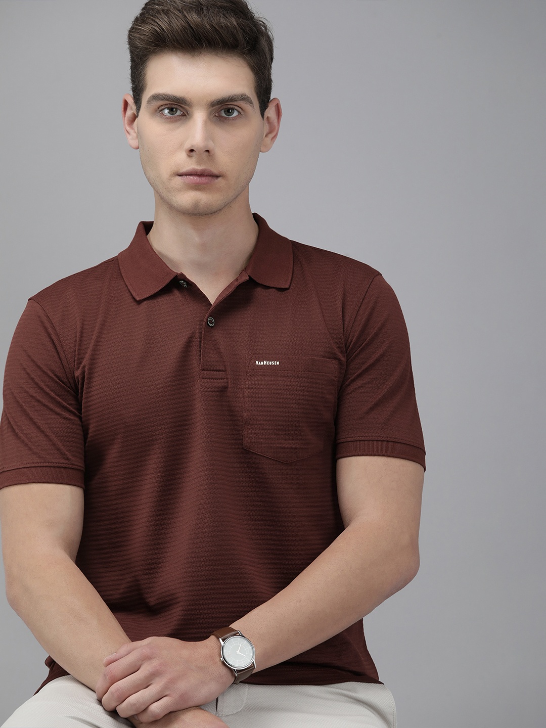 

Van Heusen Men Maroon Slef Designed Polo Collar T-shirt