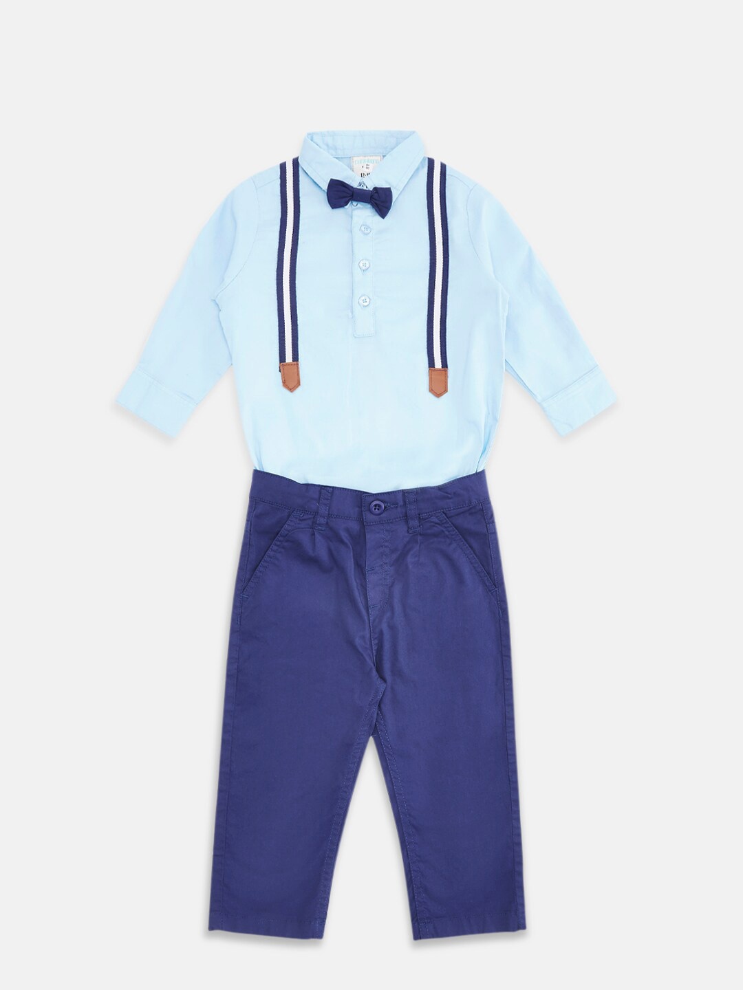 

Pantaloons Baby Boys Navy Blue Solid Pure Cotton Shirt with Trousers with Suspender