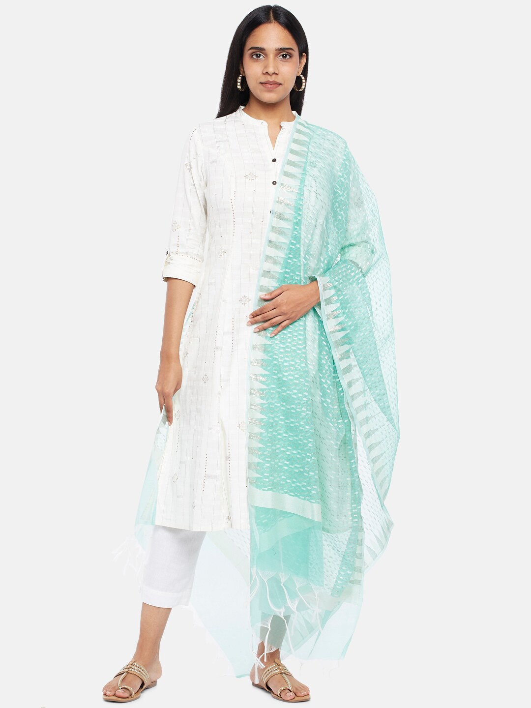 

RANGMANCH BY PANTALOONS Turquoise Blue & Silver-Toned Woven Design Dupatta