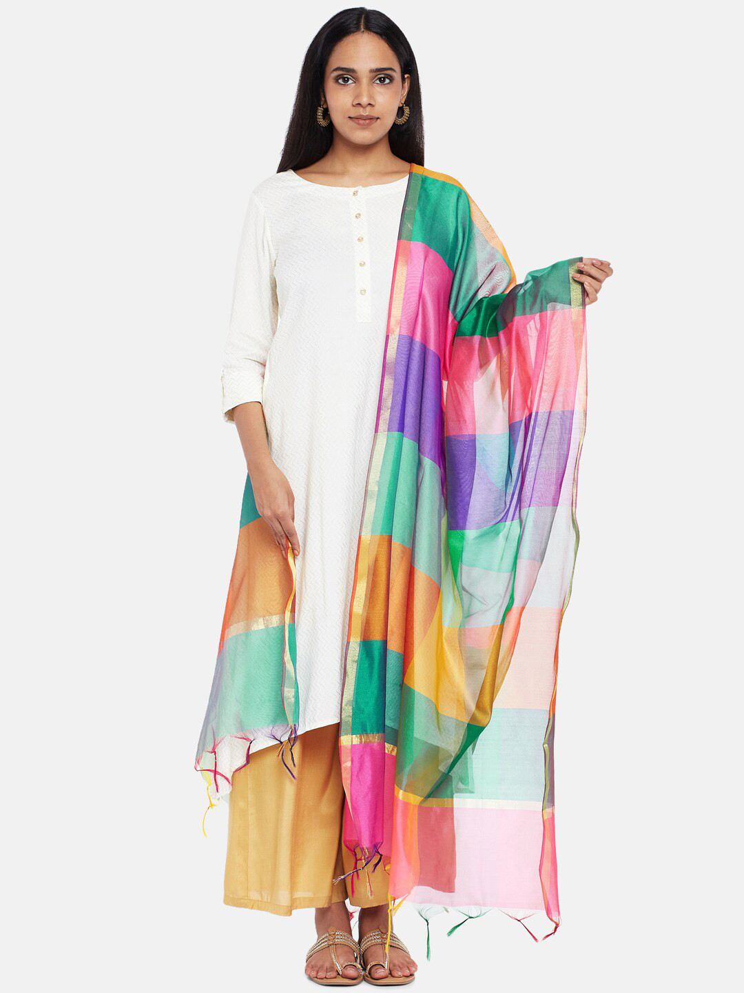 

RANGMANCH BY PANTALOONS Green & Blue Striped Pure Silk Dupatta