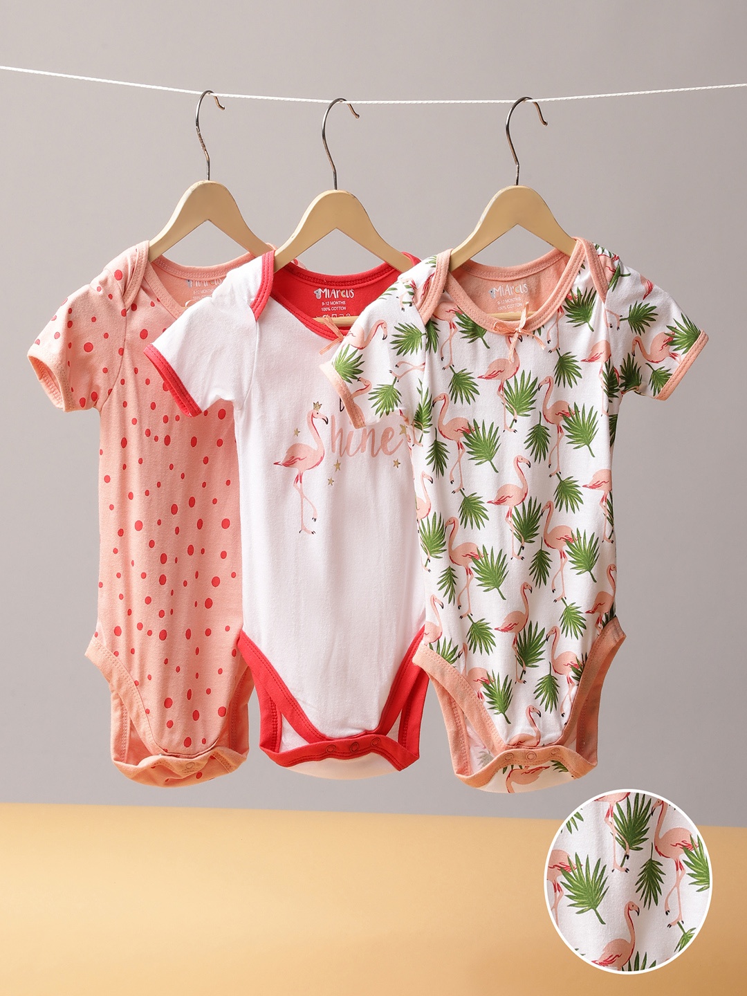 

MiArcus Kids Pack Of 3 Flamingo Printed Cotton Rompers, Pink