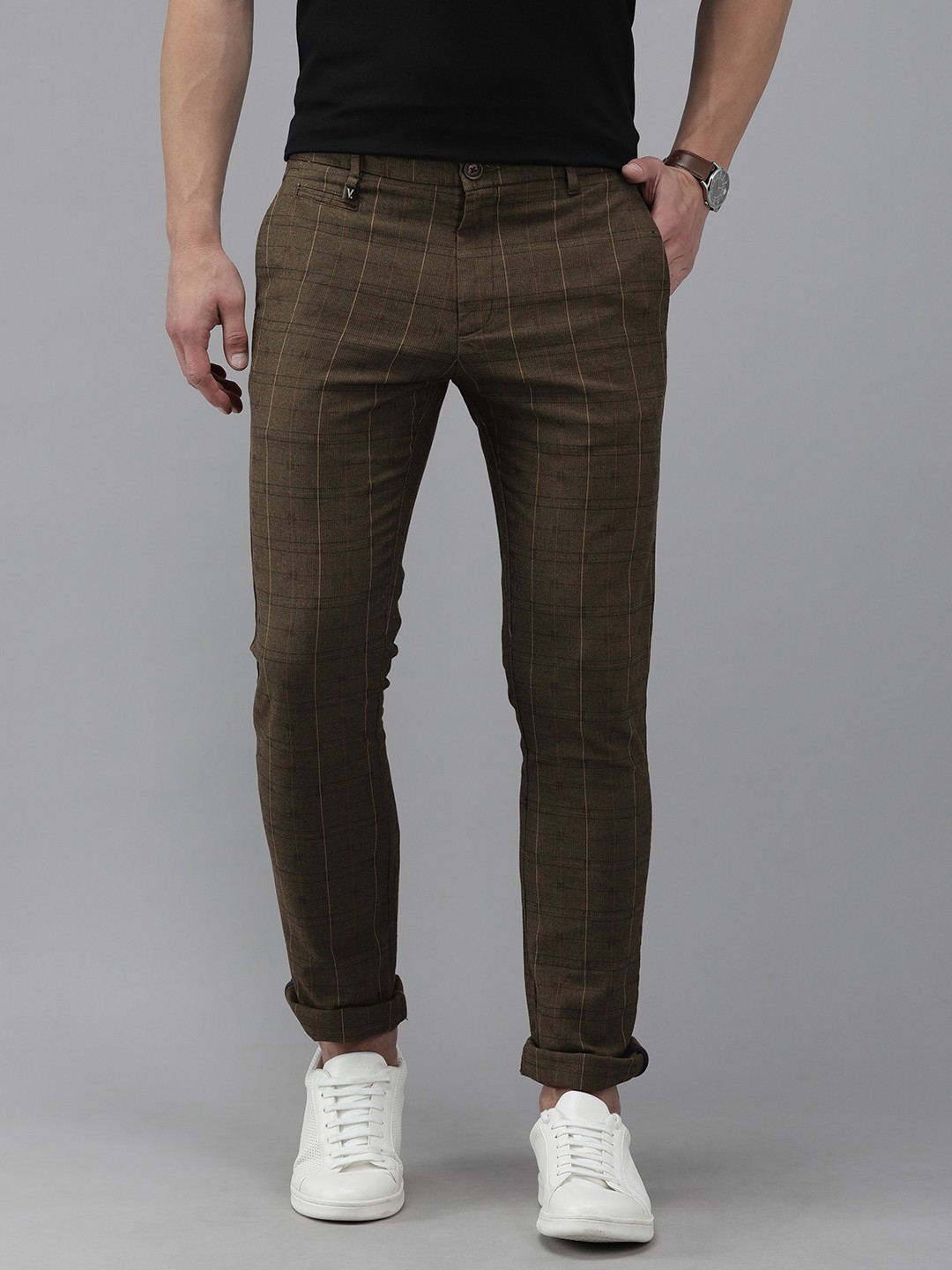 

V Dot Men Brown & Black Checked Slim Fit Trousers