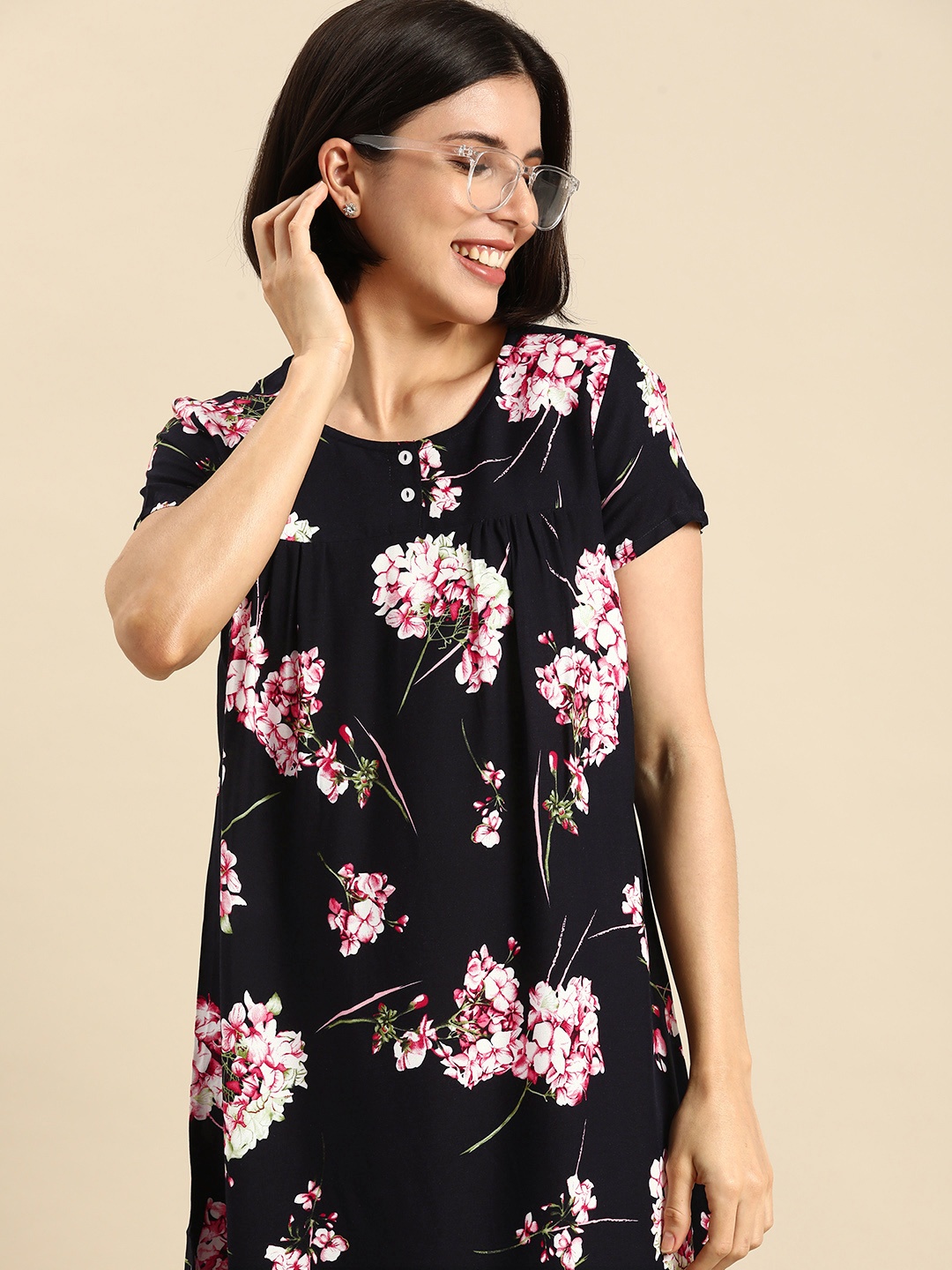 

Dreamz by Pantaloons Women Navy Blue Floral Print Viscose Rayon Regular Nightdress