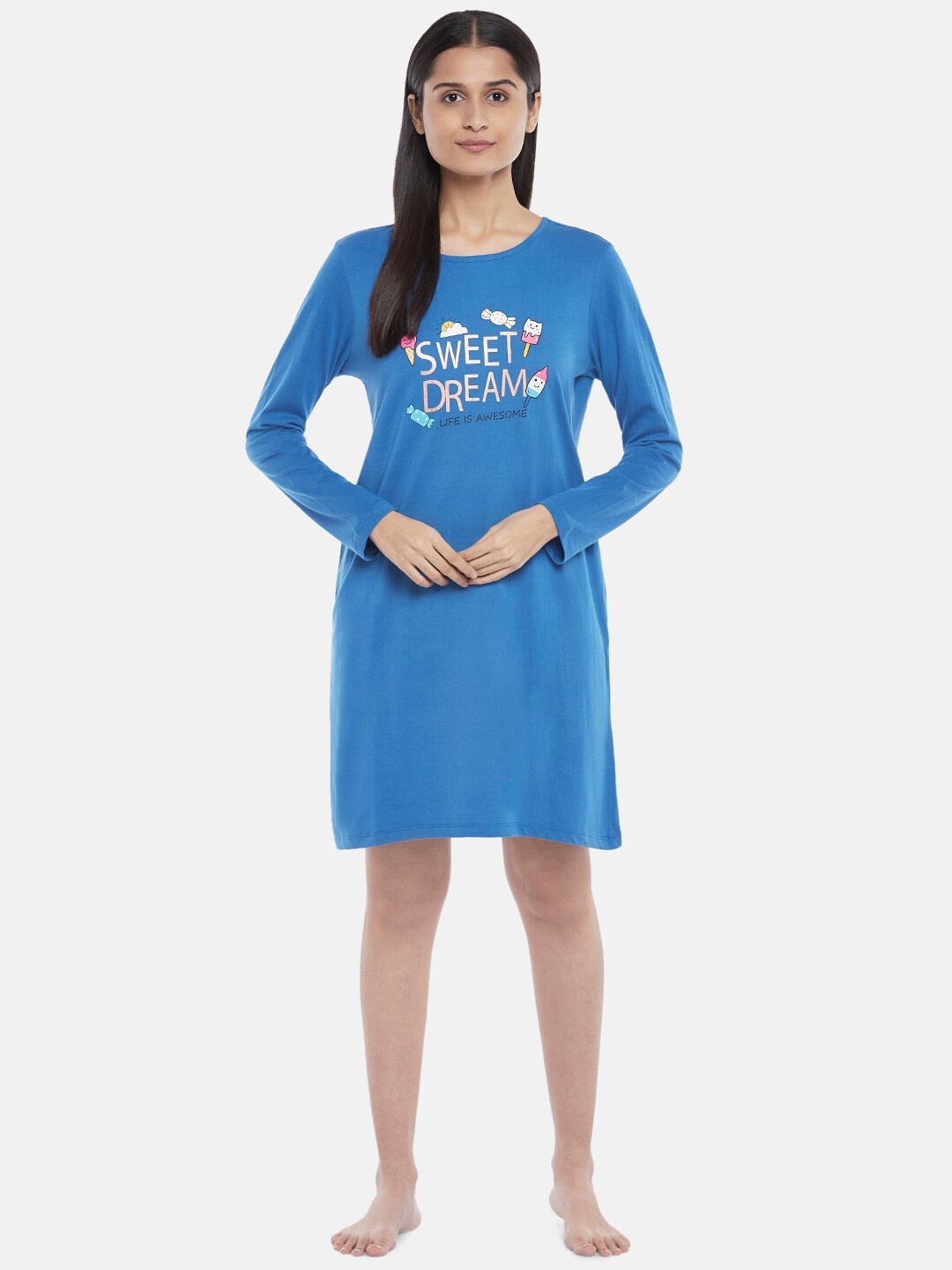 

Dreamz by Pantaloons Blue Printed Pure Cotton Nightdress