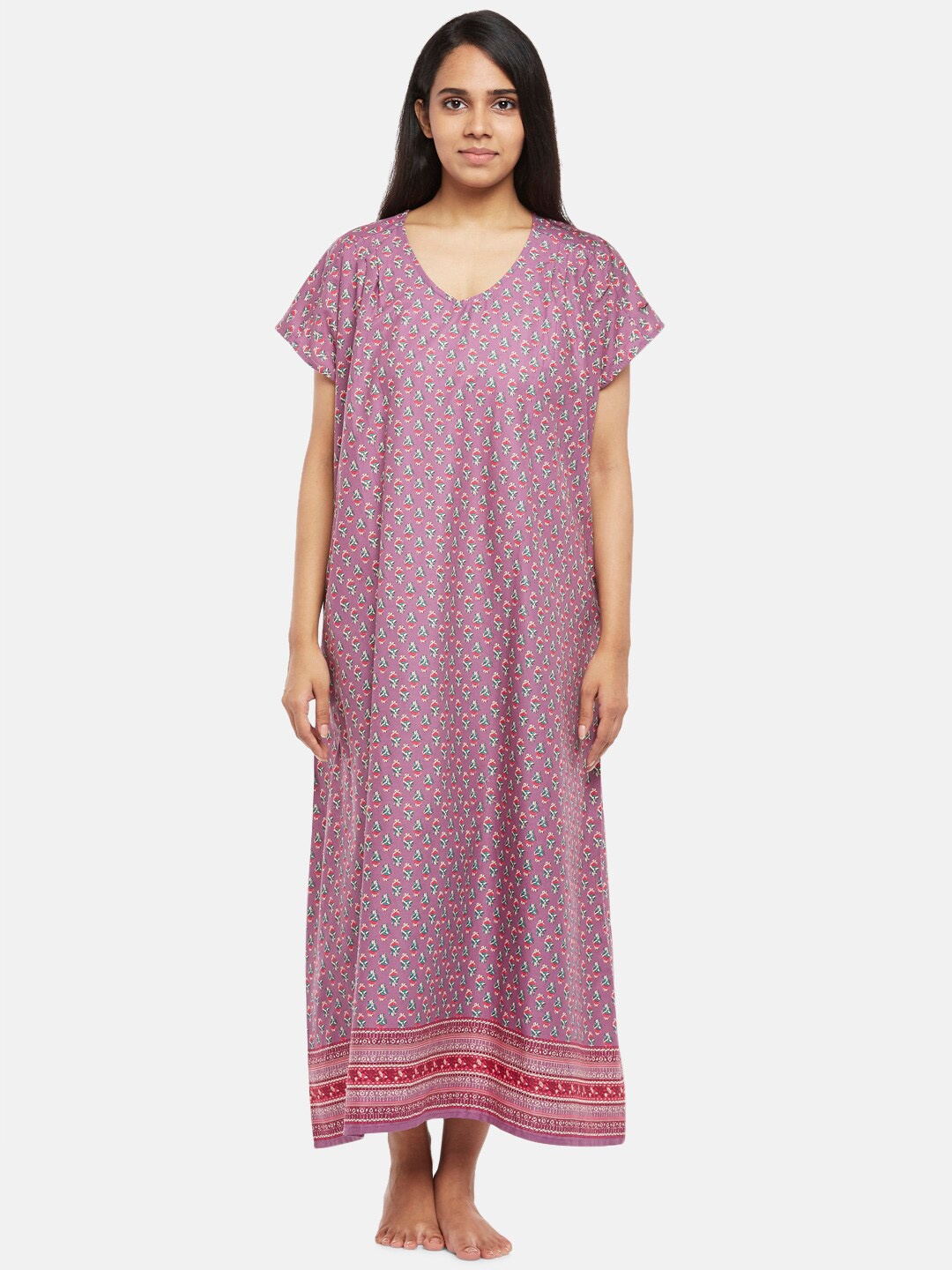 

RANGMANCH BY PANTALOONS Mauve Printed Pure Cotton Maxi Nightdress