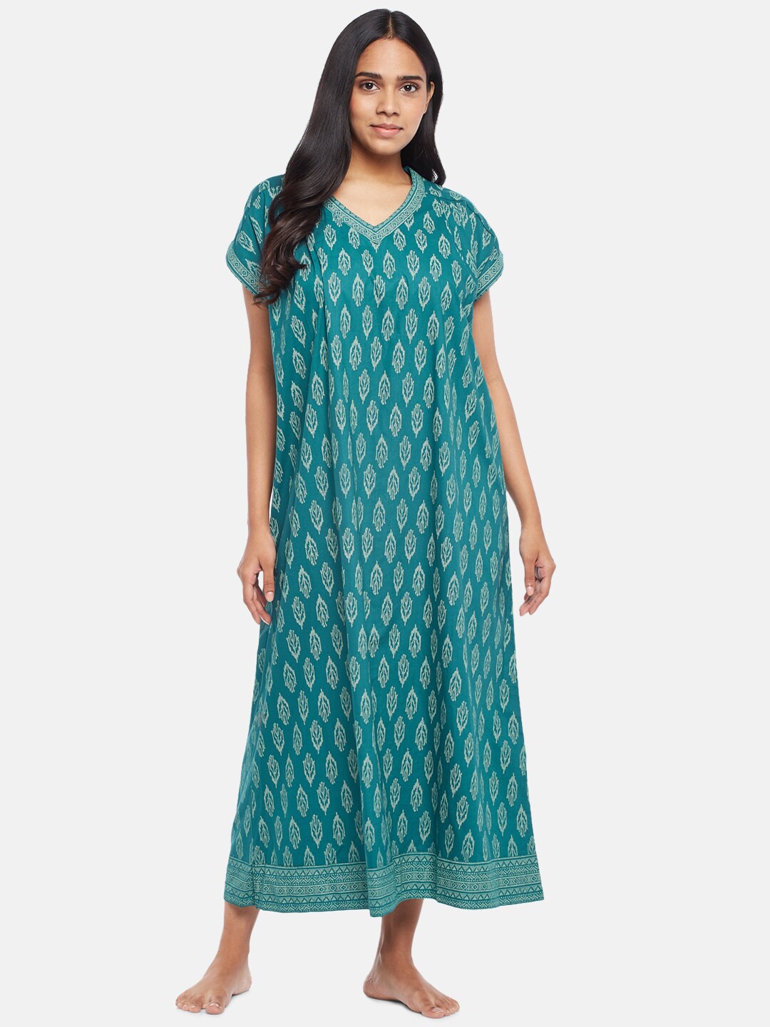 

RANGMANCH BY PANTALOONS Teal Blue Printed Pure Cotton Maxi Nightdress