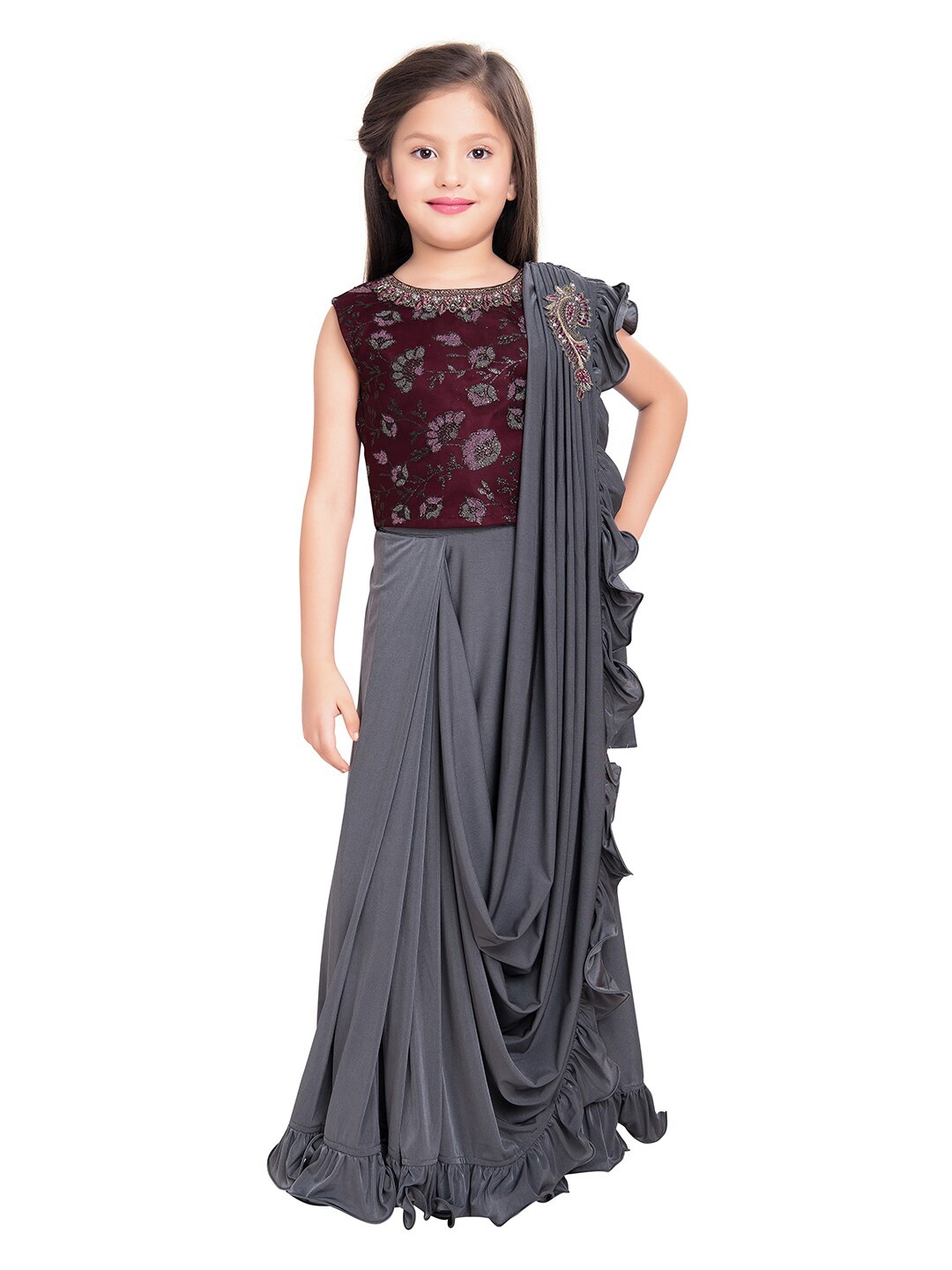 

BETTY Girls Burgundy & Grey Embellished Ready to Wear Lehenga & Blouse With Dupatta