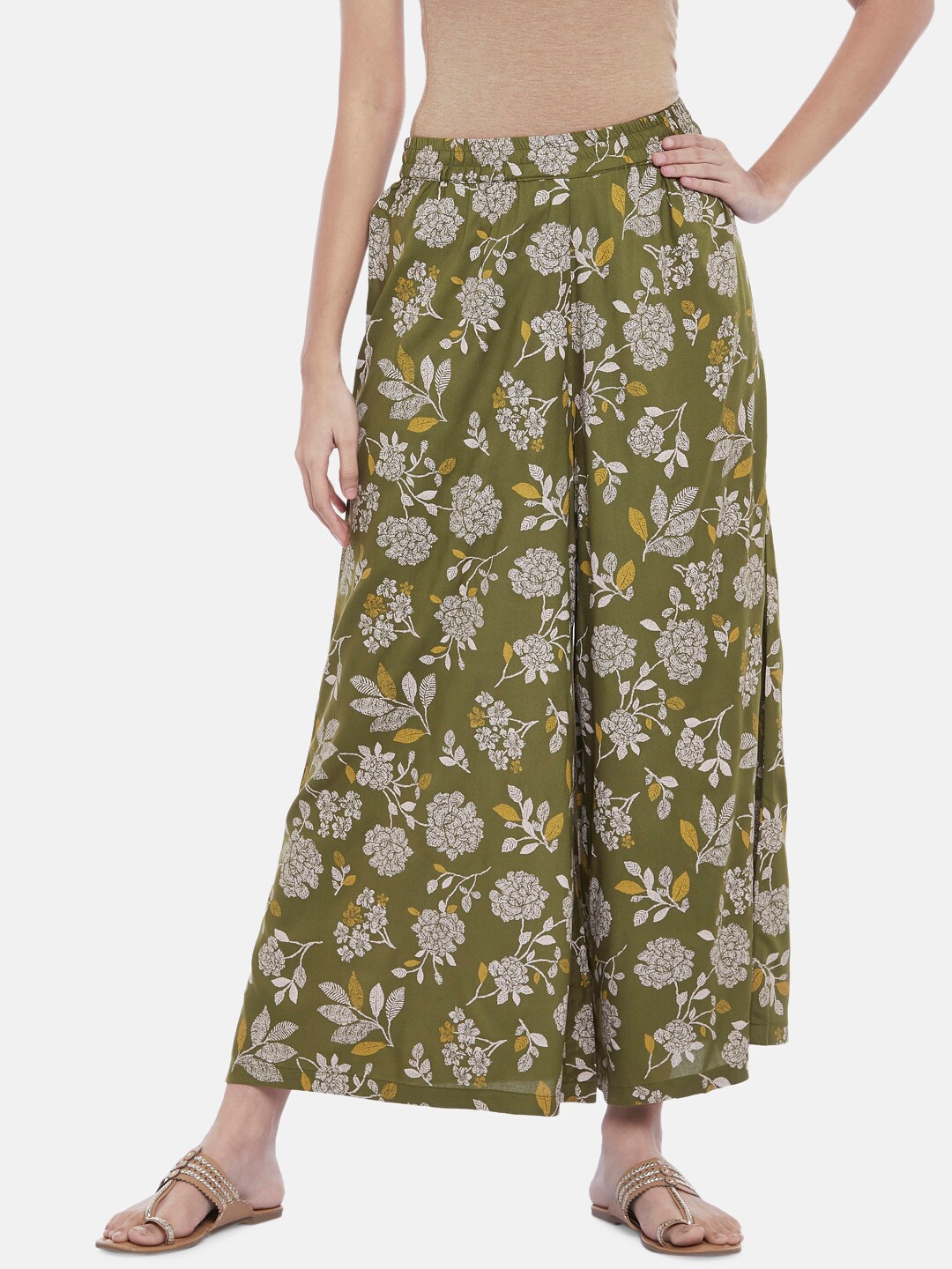 

RANGMANCH BY PANTALOONS Women Olive Floral Printed Wide Leg Palazzo