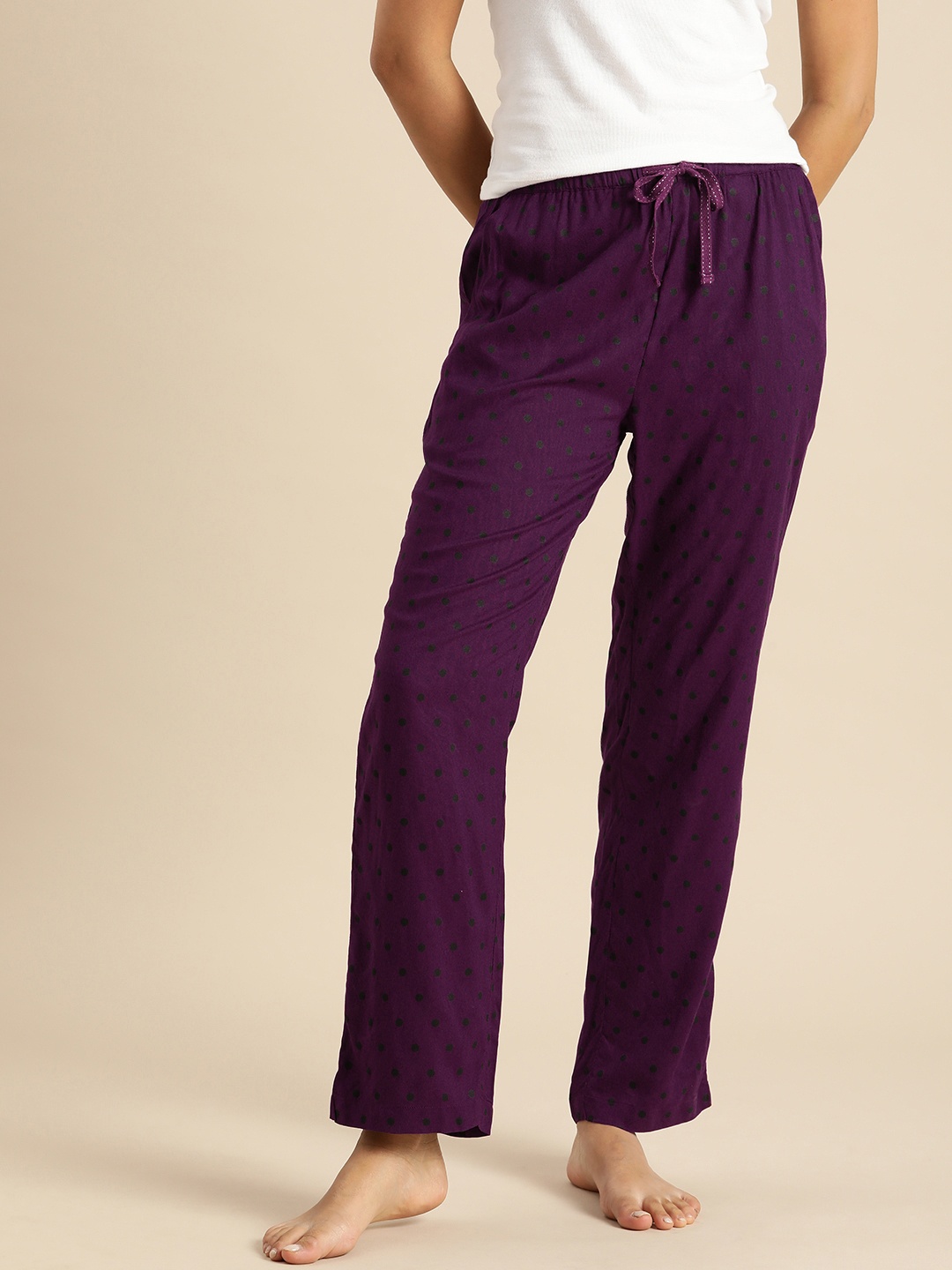 

Dreamz by Pantaloons Women Purple & Black Mid-Rise Polka Dots Print Lounge Pants