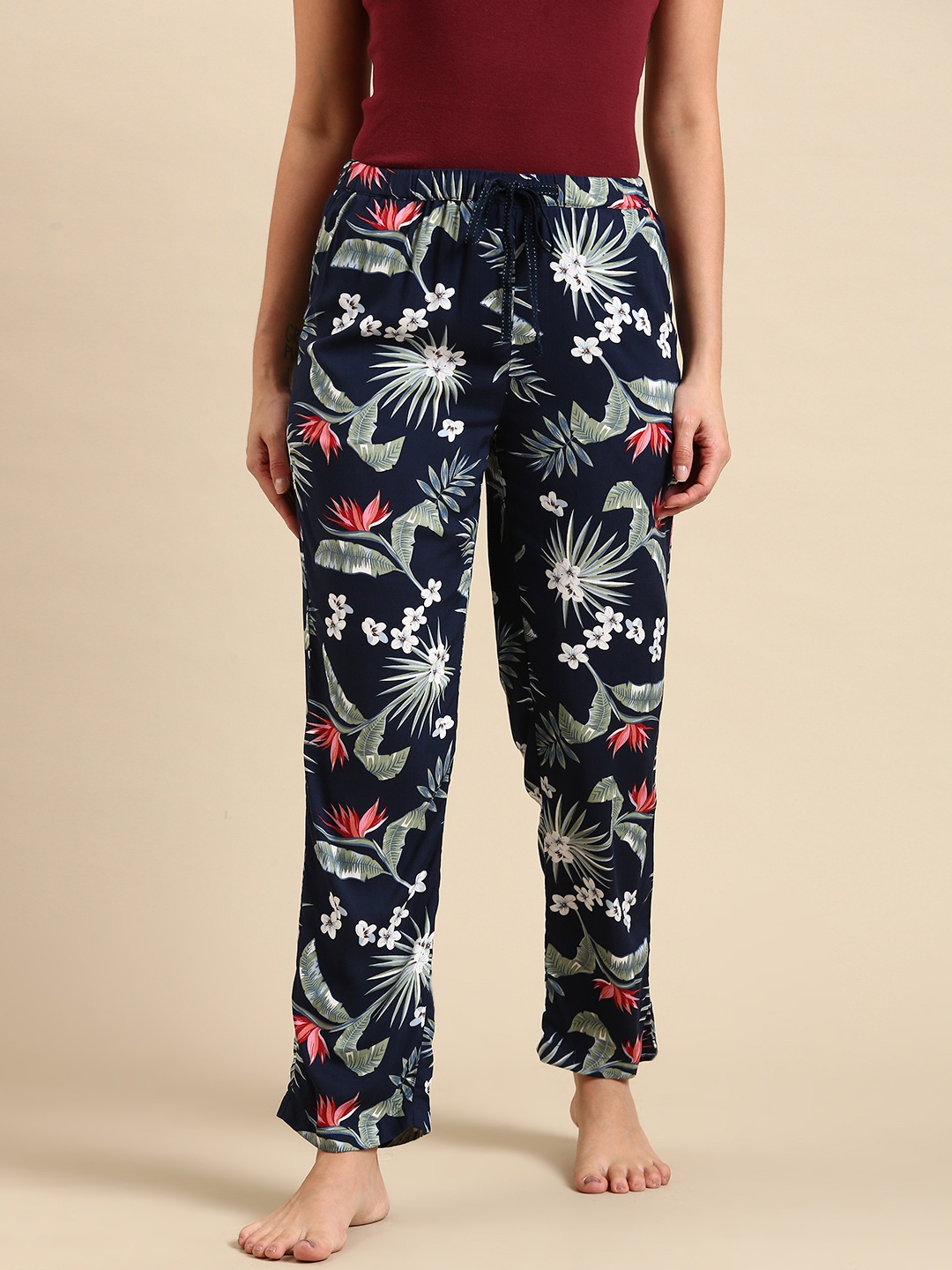 

Dreamz by Pantaloons Navy Blue & Green Floral Printed Lounge Pants