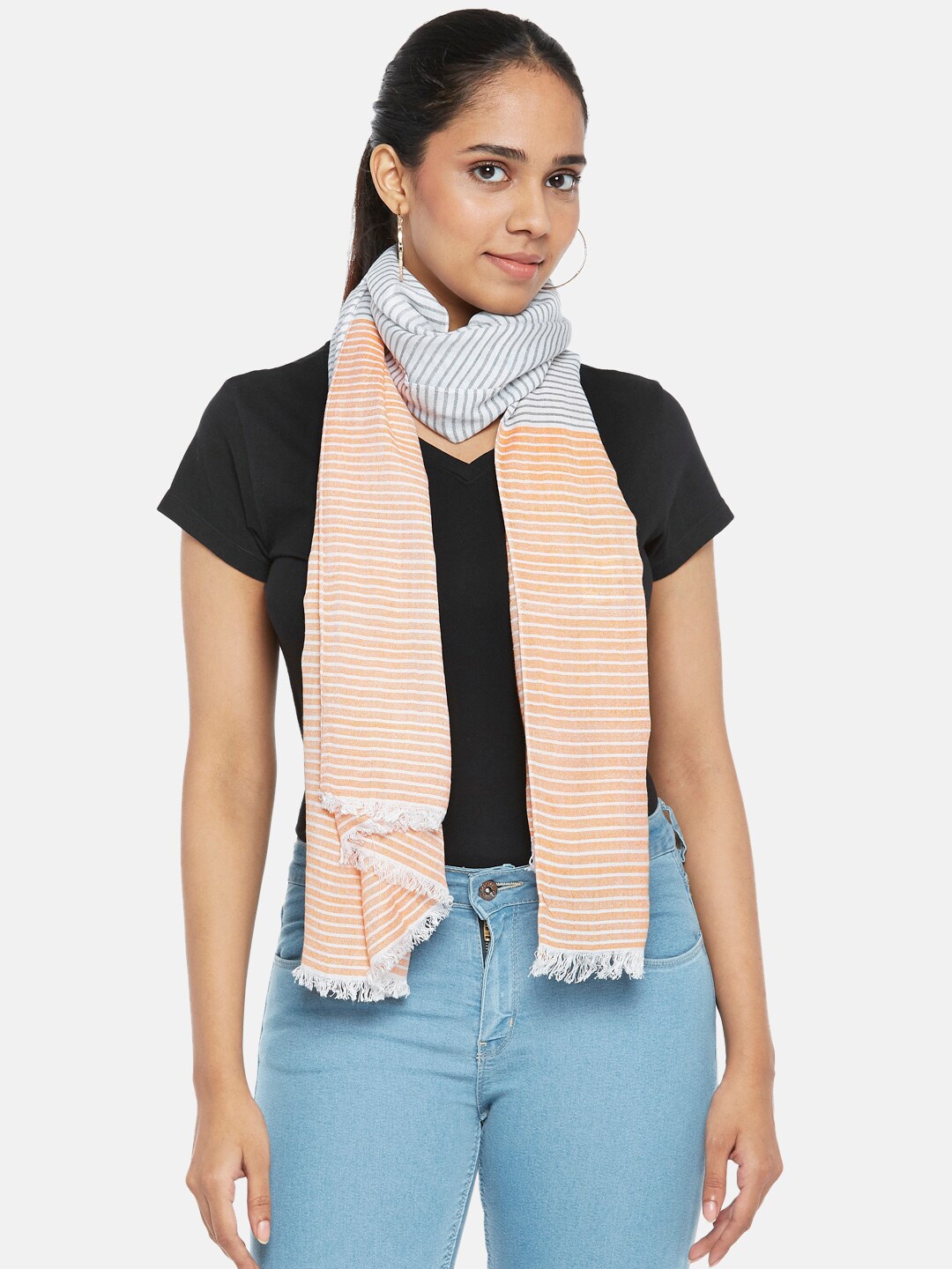 

Honey by Pantaloons Women Orange & Grey Striped Scarf