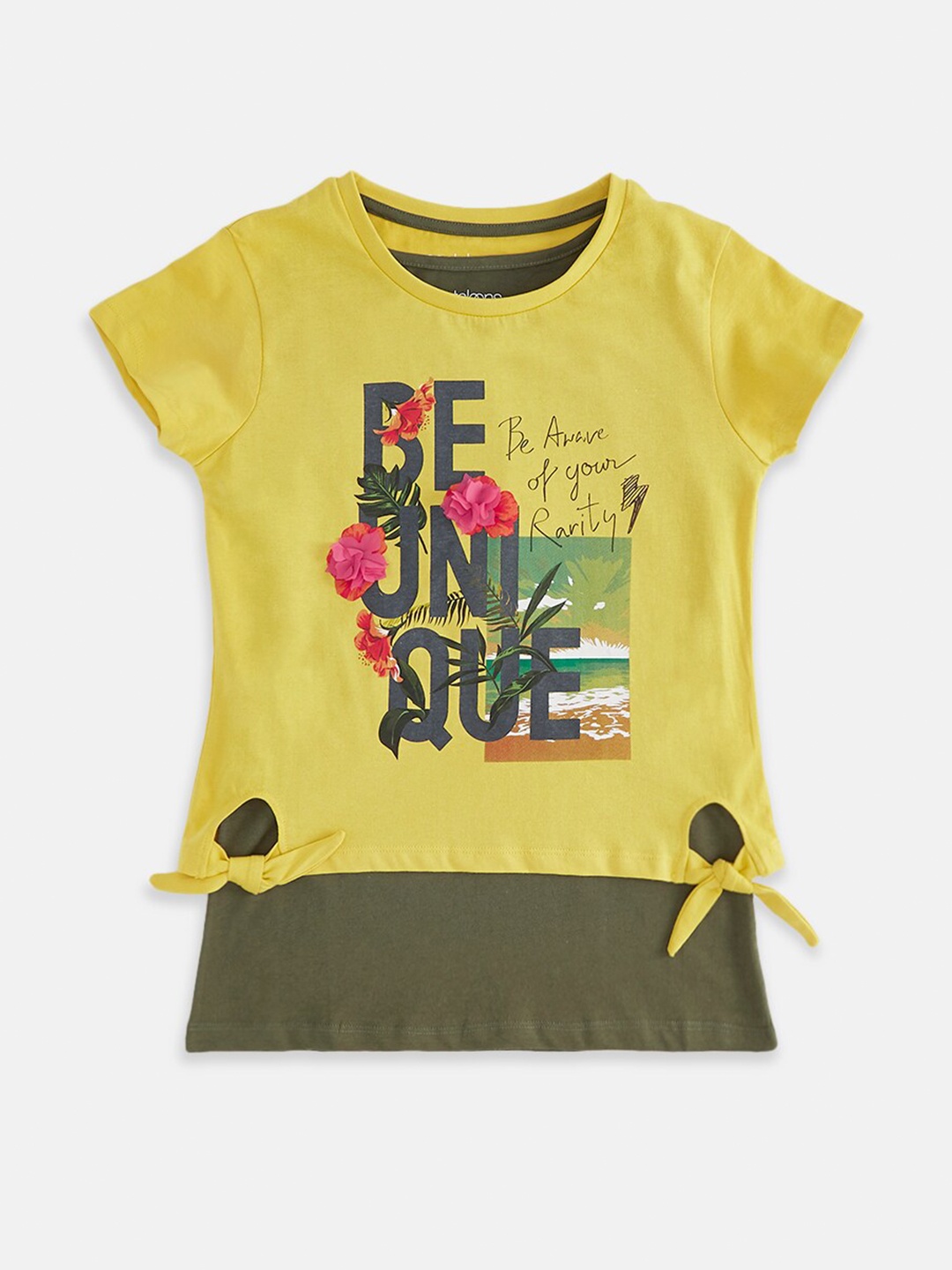 

Pantaloons Junior Girls Mustard Yellow & Olive Printed Cotton T-shirt with Inner Layer