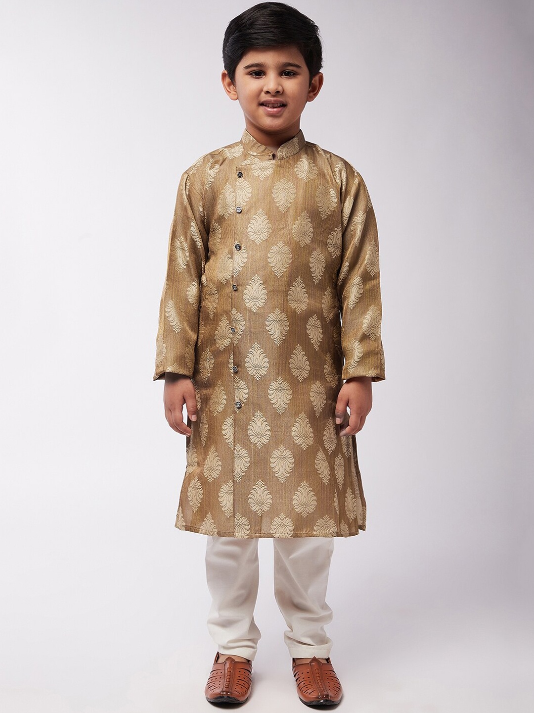 

SOJANYA Boys Gold-Toned Ethnic Motifs Printed Angrakha Kurta with Trousers