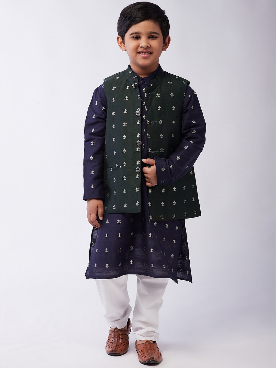 

SOJANYA Boys Navy Blue Printed Kurta with Trousers with Nehru Jacket