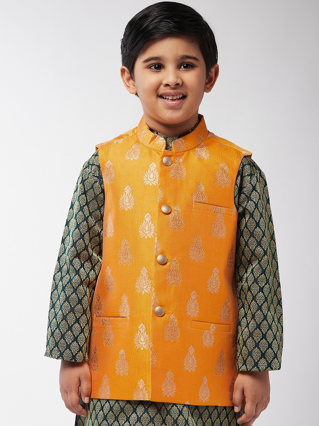 

SOJANYA Boys Mustard Woven Design Jacquard Silk Nehru Jacket